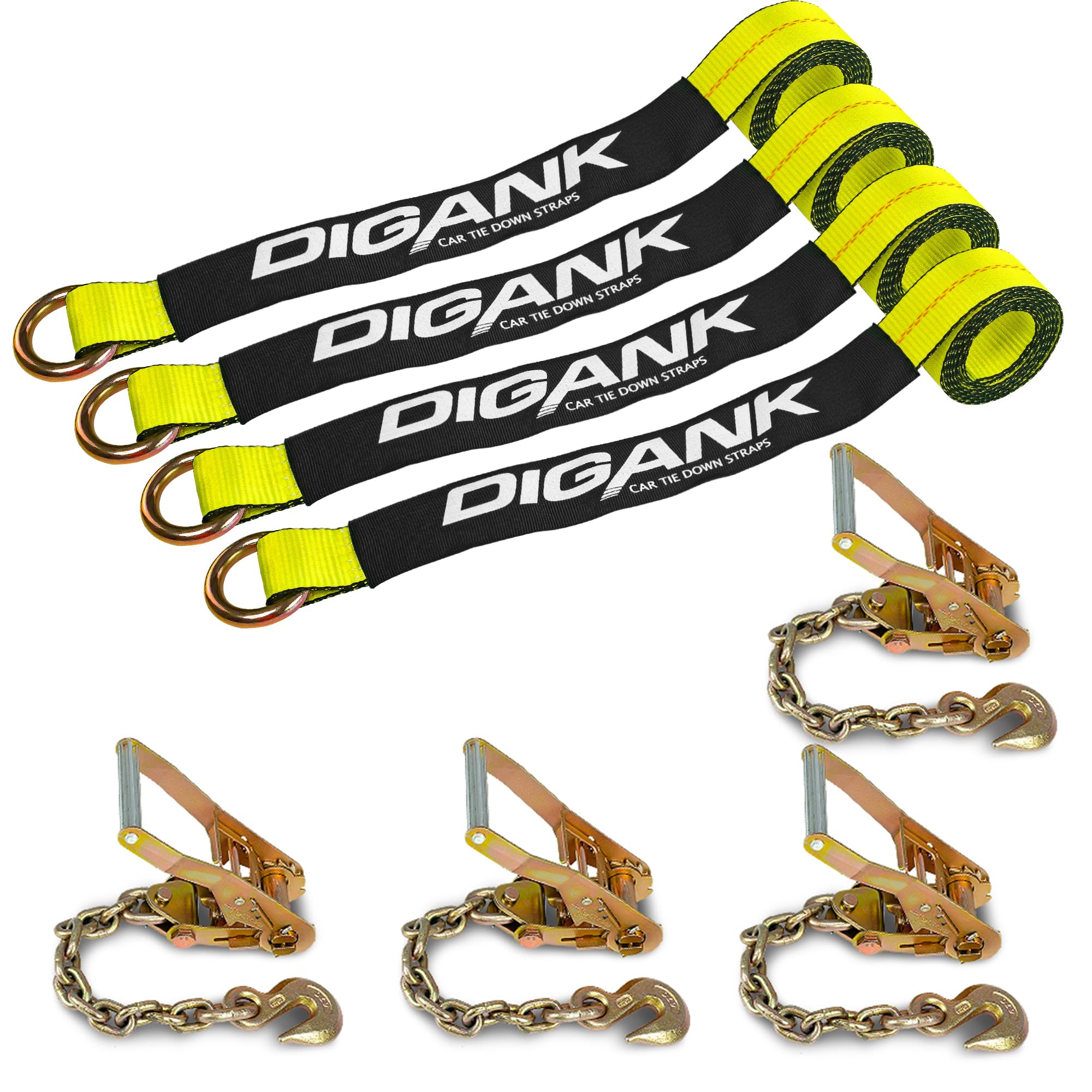 Photo 1 of Digank Heavy Duty Car Tie Down Straps (4PK) - 2" x 96" - 3,300 lbs Safe Working Load - Wheel Straps Comes with 5/16" Tow Hooks (Yellow)