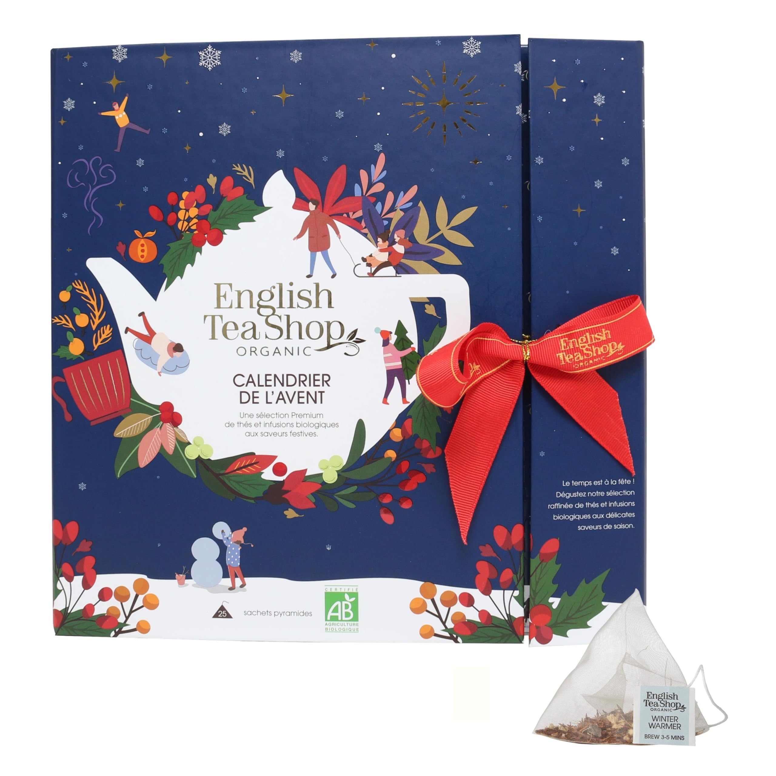 English Tea Shop - Calendrier de l'Avent thé et infusions biologiques - 25 sachets pyramides à découvrir dans chaque case - Livre bleu