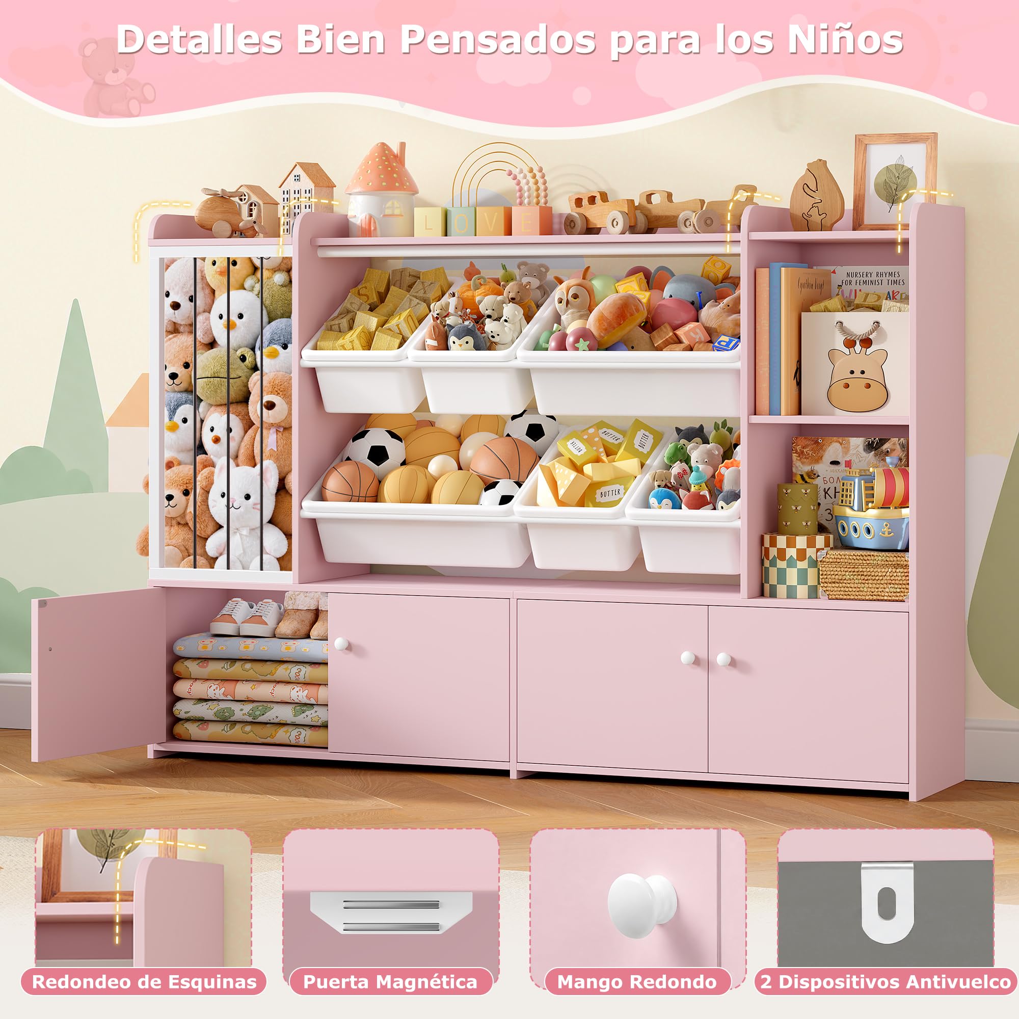 FOREHILL 137.3cm Mueble Juguetes Organizador, Organizador Peluches, Rosa | Libreria Infantil, 6 Cajas Extraíbles, Mueble Almacenaje Juguetes, Estanteria Infantil, Armario de 4 Puertas, 137.3x28x94cm