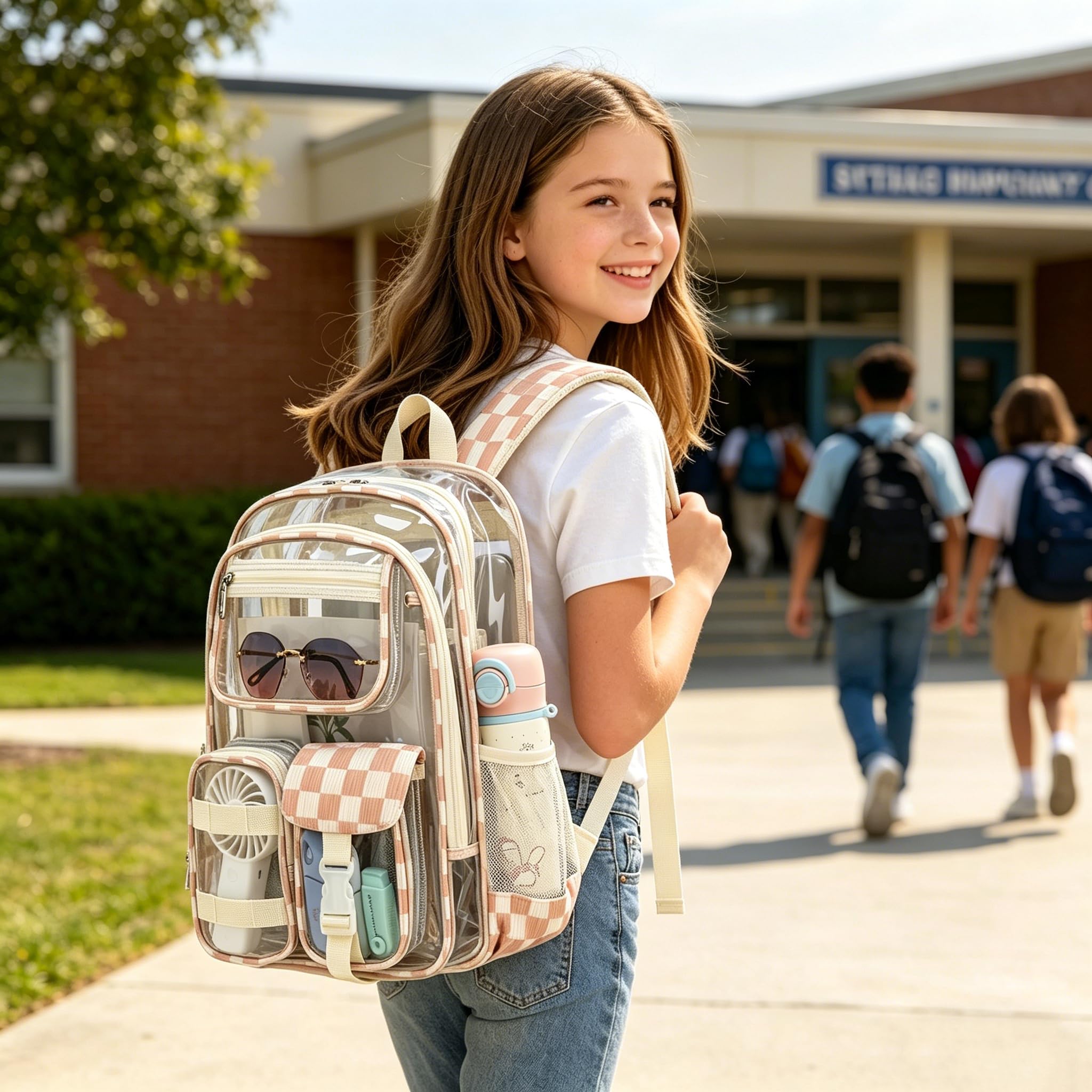 Zaino trasparente per ragazzi e ragazze, resistente, in PVC trasparente, per scuola, viaggi, lavoro e uso quotidiano, Khaki a scacchi