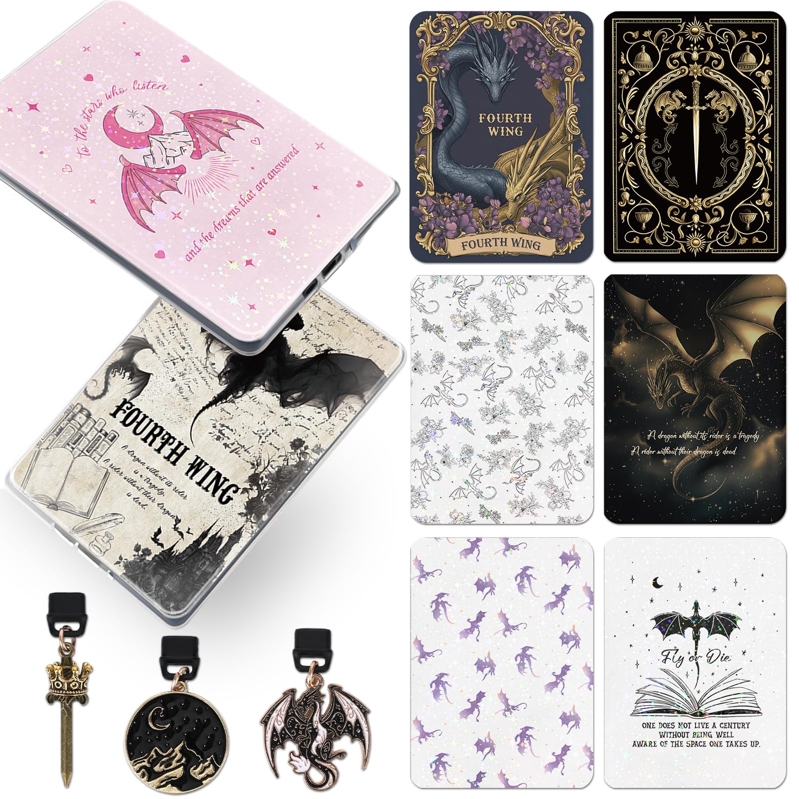 Berirexrion Inserts Cardstock for Clear Case - 11 PCs Dragon Acotar Moon Back Skin Decal Card Dust Plug Charms for Kindle Paperwhite 11th 12th Generation Accessories for E-Reader Bookish Reader Gifts