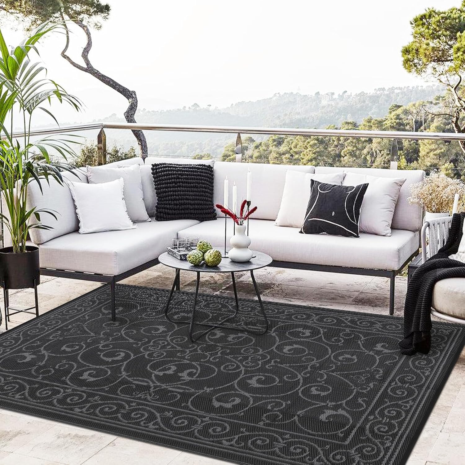 GAOMON Outdoor Patio Rug 8x10 Reversible Camping Mat, Stain-Resistant Plastic Straw Rug, Easy to Clean, Waterproof Indoor Outdoor Carpet for Porch, Deck, Balcony, Beach, GardenVintage-Black&Grey