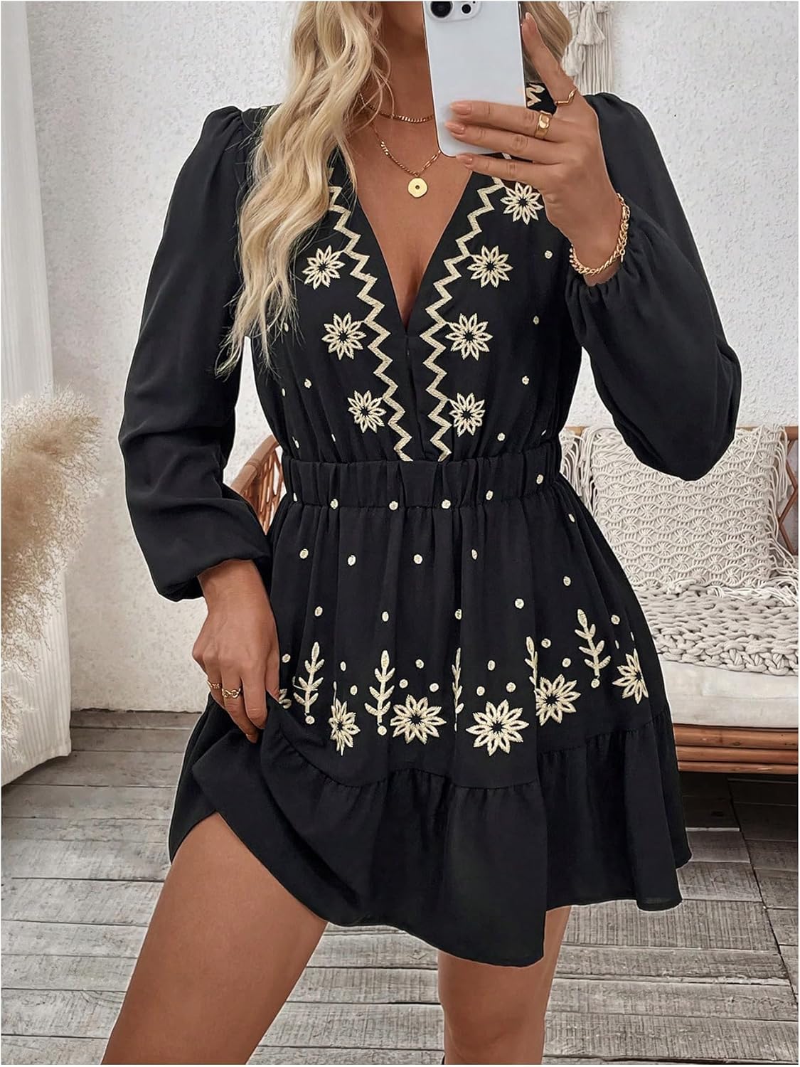 WDIRARA Women's Boho Embroidery Deep V Neck Dress Long Bishop Sleeve Flowy A Line Short Dresses - Image 3
