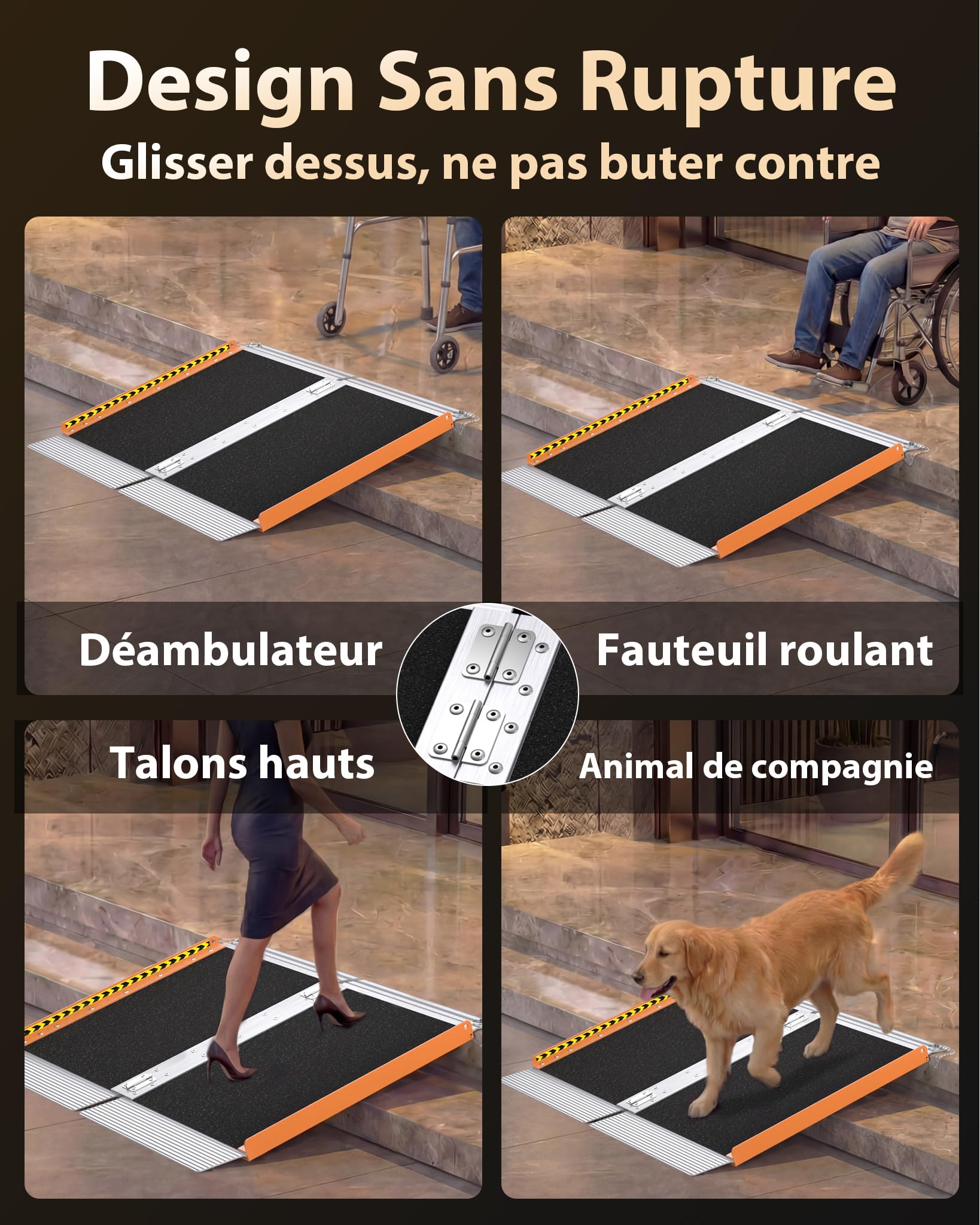 FACHNUO 2 pieds Rampe pour fauteuil roulant pour les marches à domicile, Rampe de seuil pliable portable pour les portes avec fond auto-ajustable, Rampe handicapée en aluminium antidérapant avec