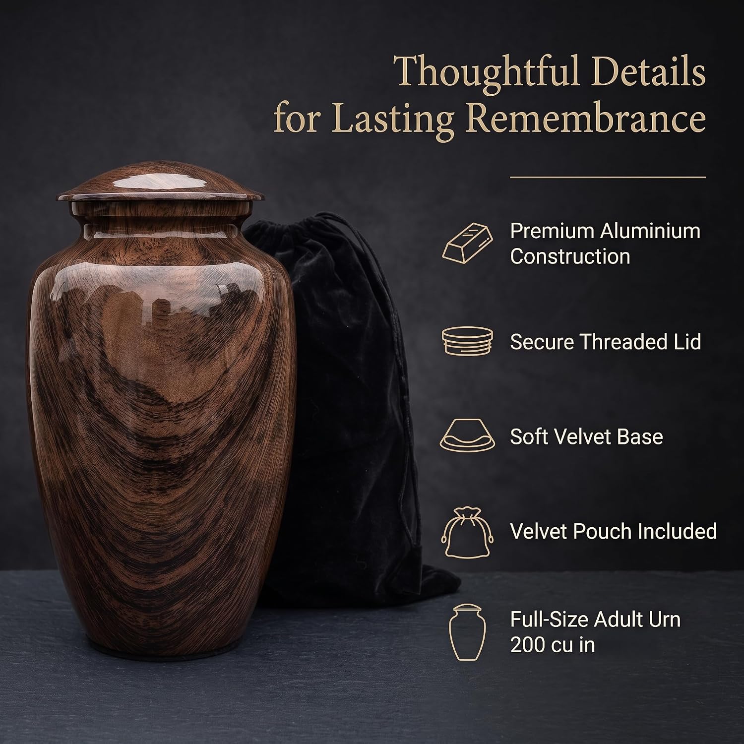Cremation Urns for Human Ashes Adult Male and Female, Large 200 Cubic Inch Aluminum Funeral Urn for Men and Women, Wooden Texture Memorial Burial Urn with Threaded Lid & Velvet Bag
