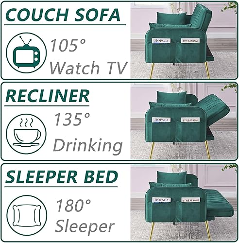 Miniatura 6 de Klwenas Maec Sofá cama futón de terciopelo de 72 pulgadas, moderno sofá cama convertible con patas cromadas doradas y 3 respaldos ajustables y