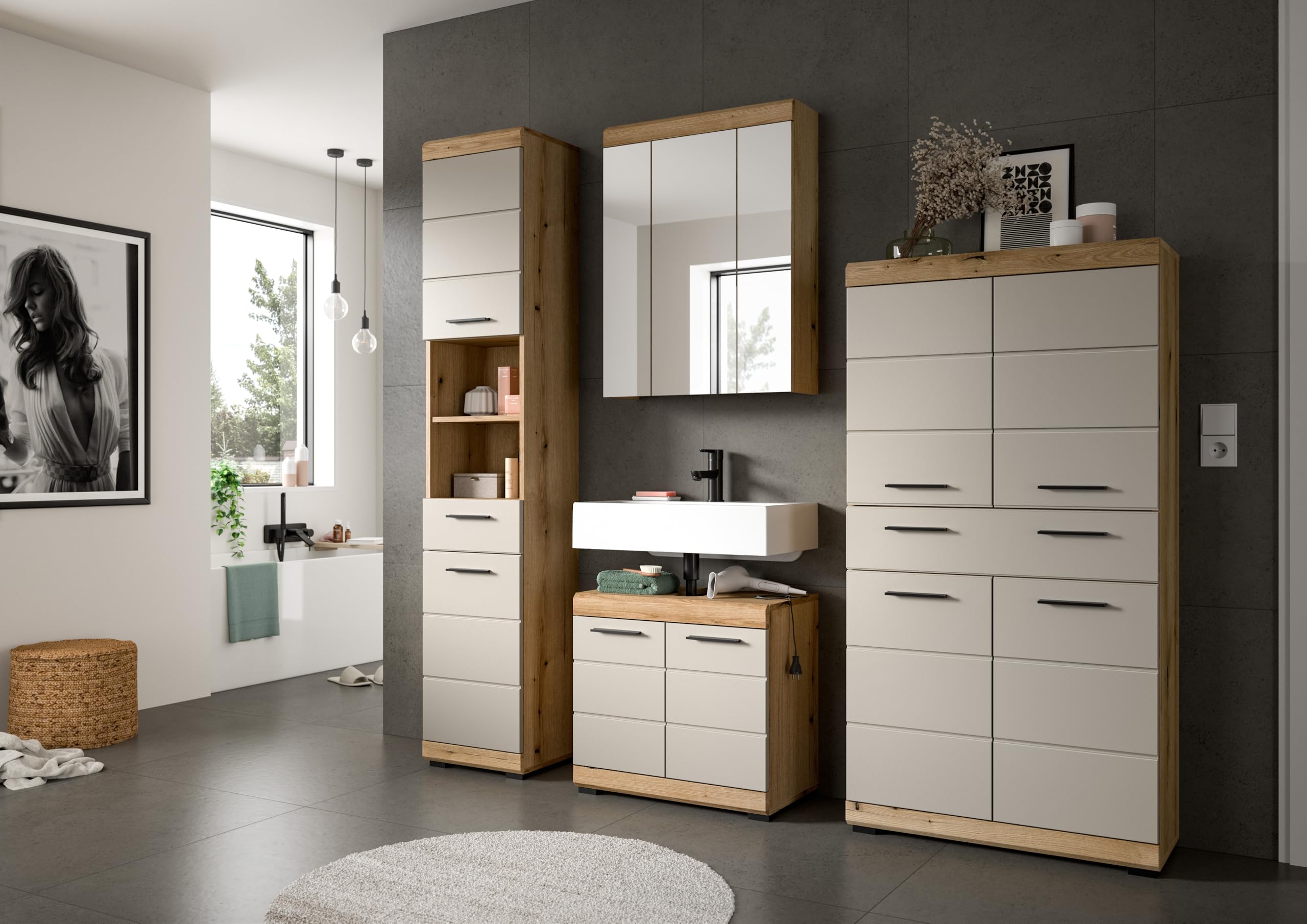 xonox.home – Badkombination Scout 201x191x34 cm in Evoak Oak und Kaschmir Nachbildung matt – Geräumiges Badmöbel-Set mit eleganter Farbgebung – edel – Bild 5