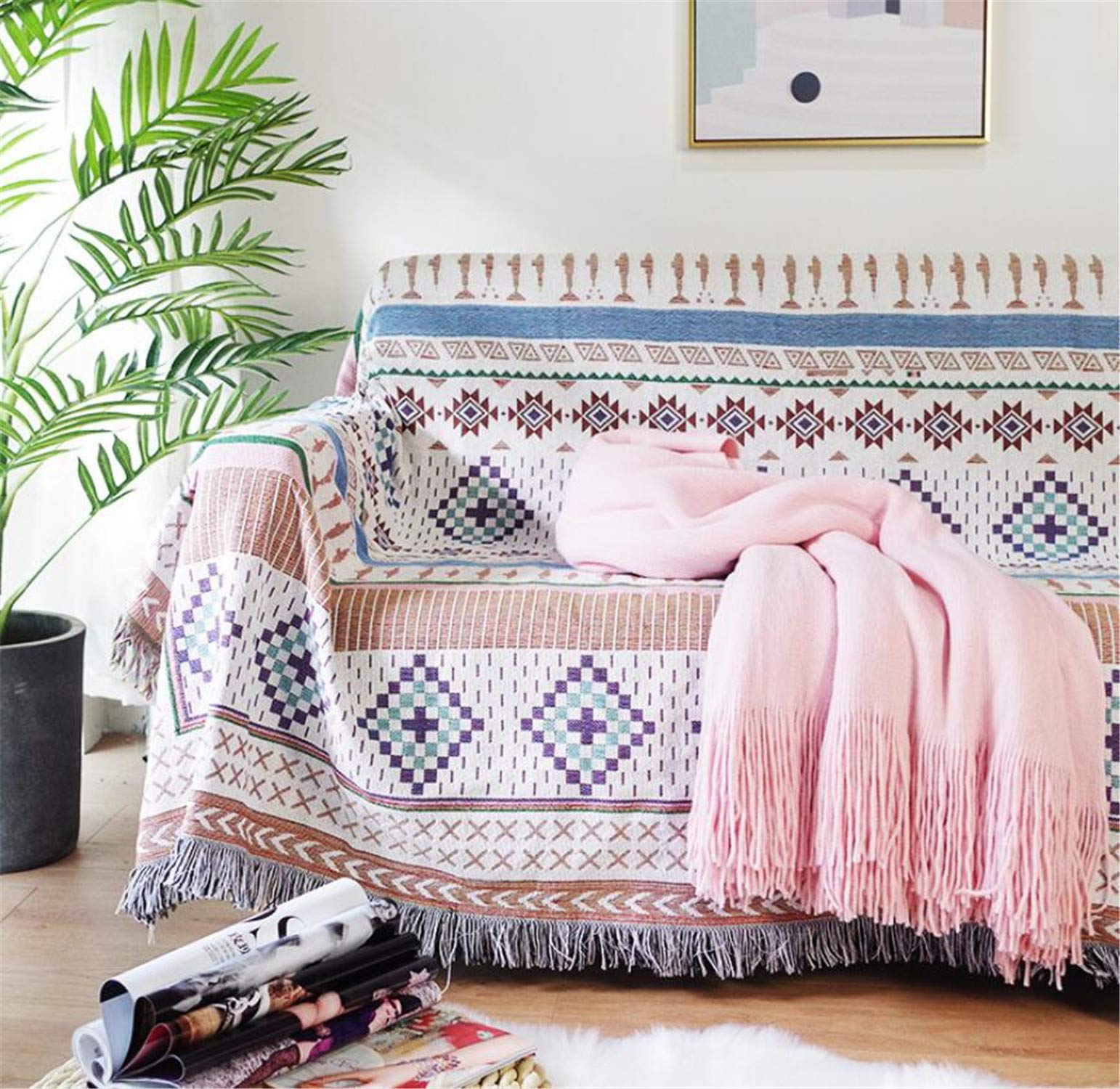 Luxlovery Manta Bohemia Beige Para Sofá, Manta De Tejido Etnico Bohemio  Geometrico Multicolor Azul Y Naranja, image size:1542x1500