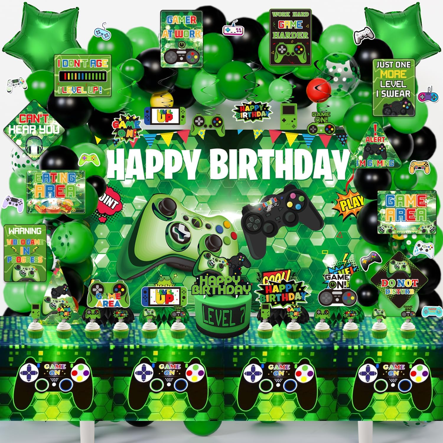 Gamer Birthday Party Decorations, Green Video Game Gaming Birthday Party Supplies Decor with Backdrop, Sticker, Balloons, Cake Toppers, Tablecloth, Centerpieces, Hanging Swirls, Wall Signs