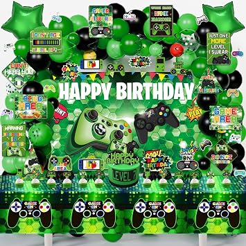 Gamer Birthday Party Decorations, Green Video Game Gaming Birthday Party Supplies Decor with Backdrop, Sticker, Balloons, Cake Toppers, Tablecloth, Centerpieces, Hanging Swirls, Wall Signs