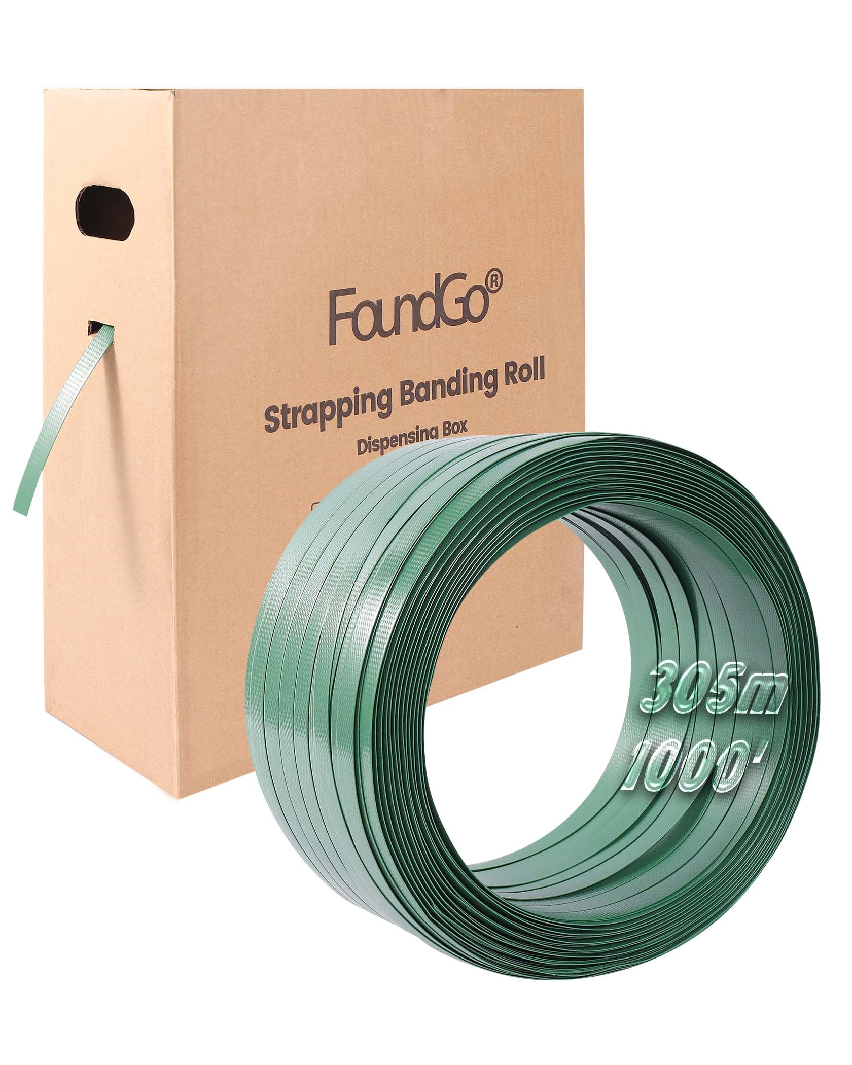 FoundGo1000ft 5/8" 0.035" Green Polyester (PET) Strapping Roll Industrial-Grade＞1500lbs Break Strength Tough Waterproof Embossed and Rustproof with pull-out box,100 Corner Protectors,150 Seals
