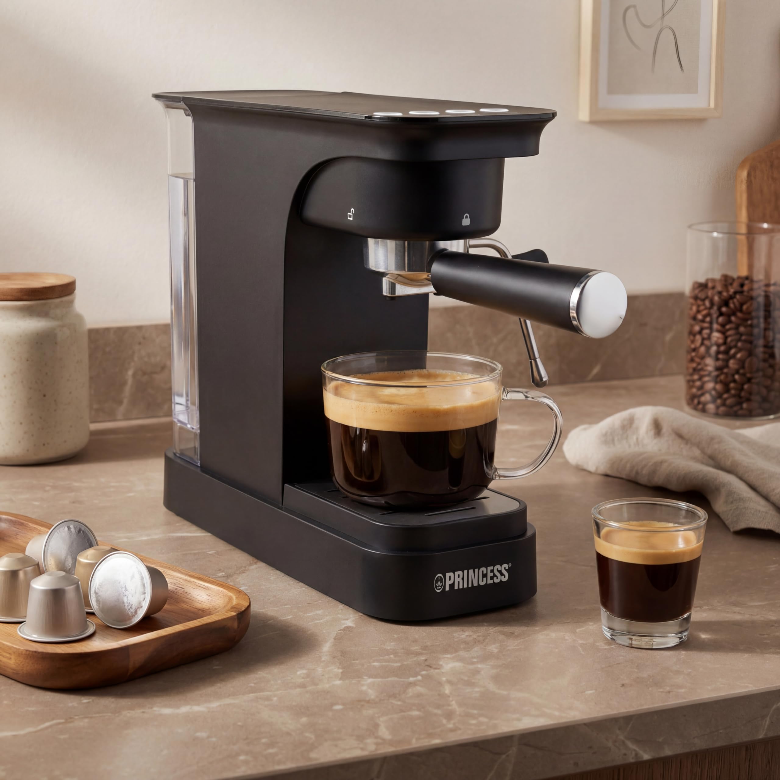 Princess Espressomaschine, 20 Bar Pumpdruck, 0,8 l Wassertank, Für Gemahlenen Kaffee und ESE Pads, Kompaktes Design, Schwarzes Gehäuse, 01.249421.01.001