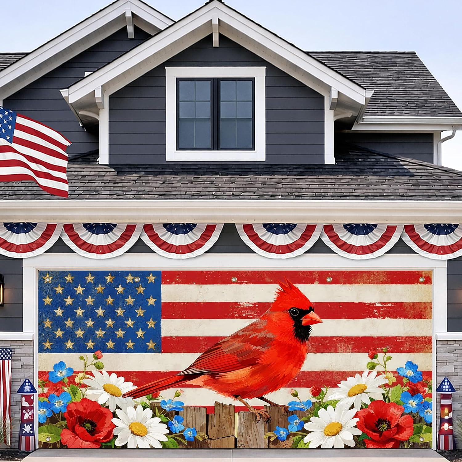 IVN 4th of July Garage Door Cover 13x6ft American Cardinal Bird Wildflowers Patriotic Memorial Day Independence Day Garage Door Banner Outdoor USA Holiday Decor Photo Background