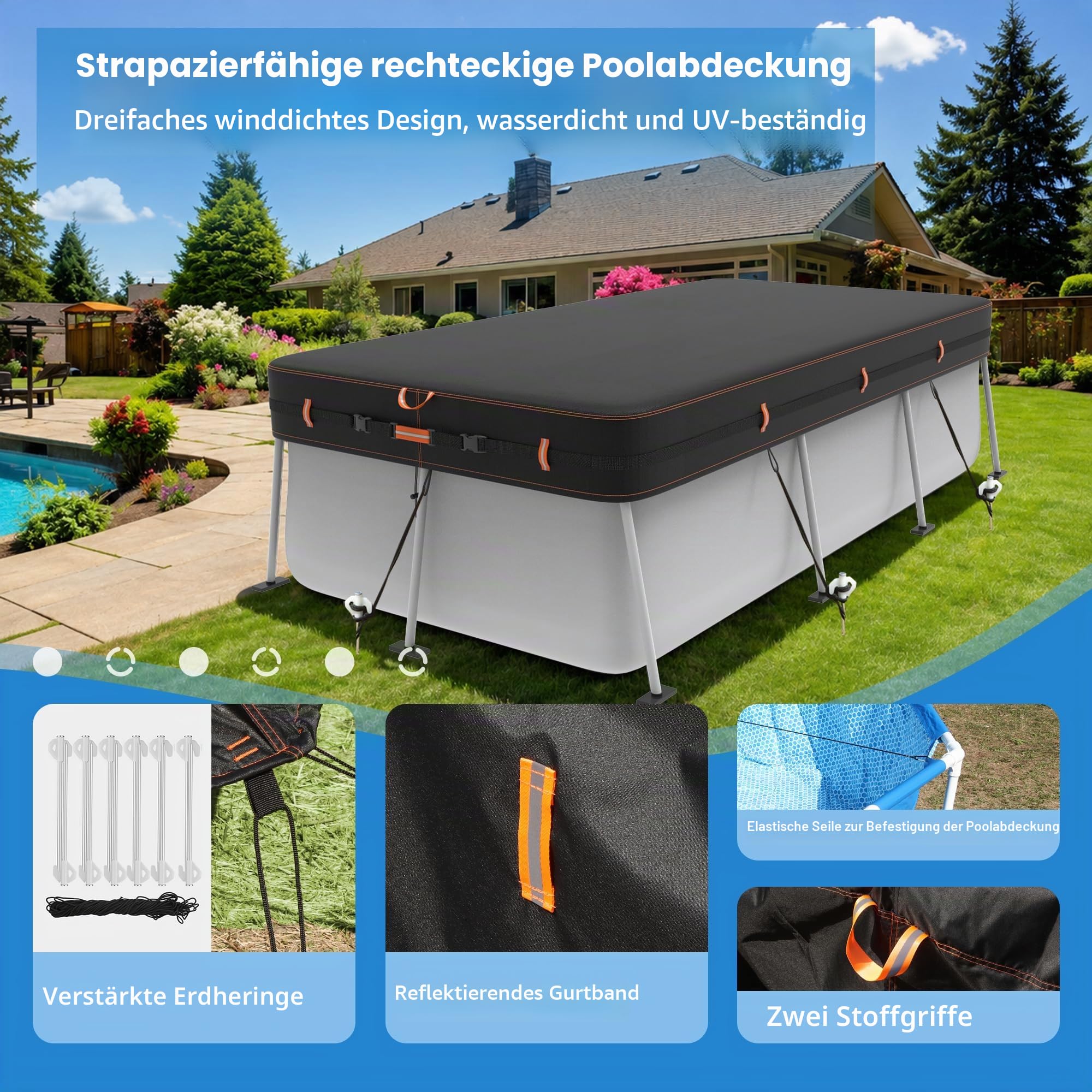 420D Rechteckige Poolabdeckung, Uv- Und ReißFest, 549x274cm, Winddichter Poolschutz FüR Aufstellpools, StrapazierfäHiges Planengewebe Mit Reflektierenden Streifen, Wetterfest