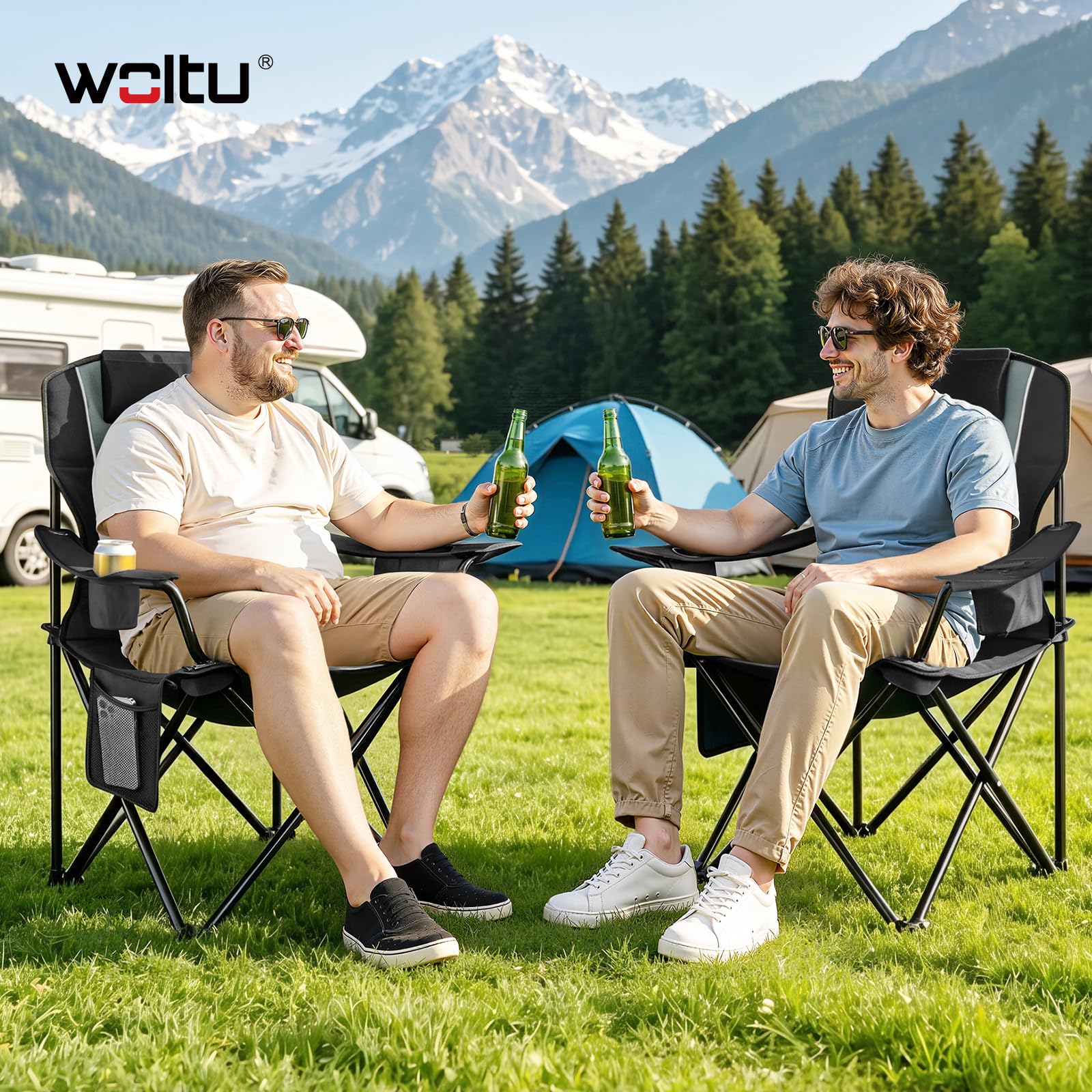 WOLTU Klappbarer Campingstuhl Hochrückig mit Kühltasche, Kopfstütze & Getränkehalter, Angelstuhl Gartenstuhl, Campingsessel bis 180kg Tragkraft, Wasserdicht 600D Oxford