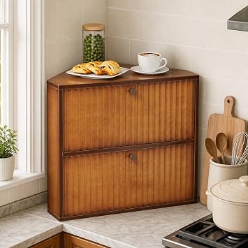 Trironsun Corner Bread Box for Kitchen Countertop Bamboo Two Layer Large Capacity Bread Storage Bin Vintage Storage for Homemade Bread Brown