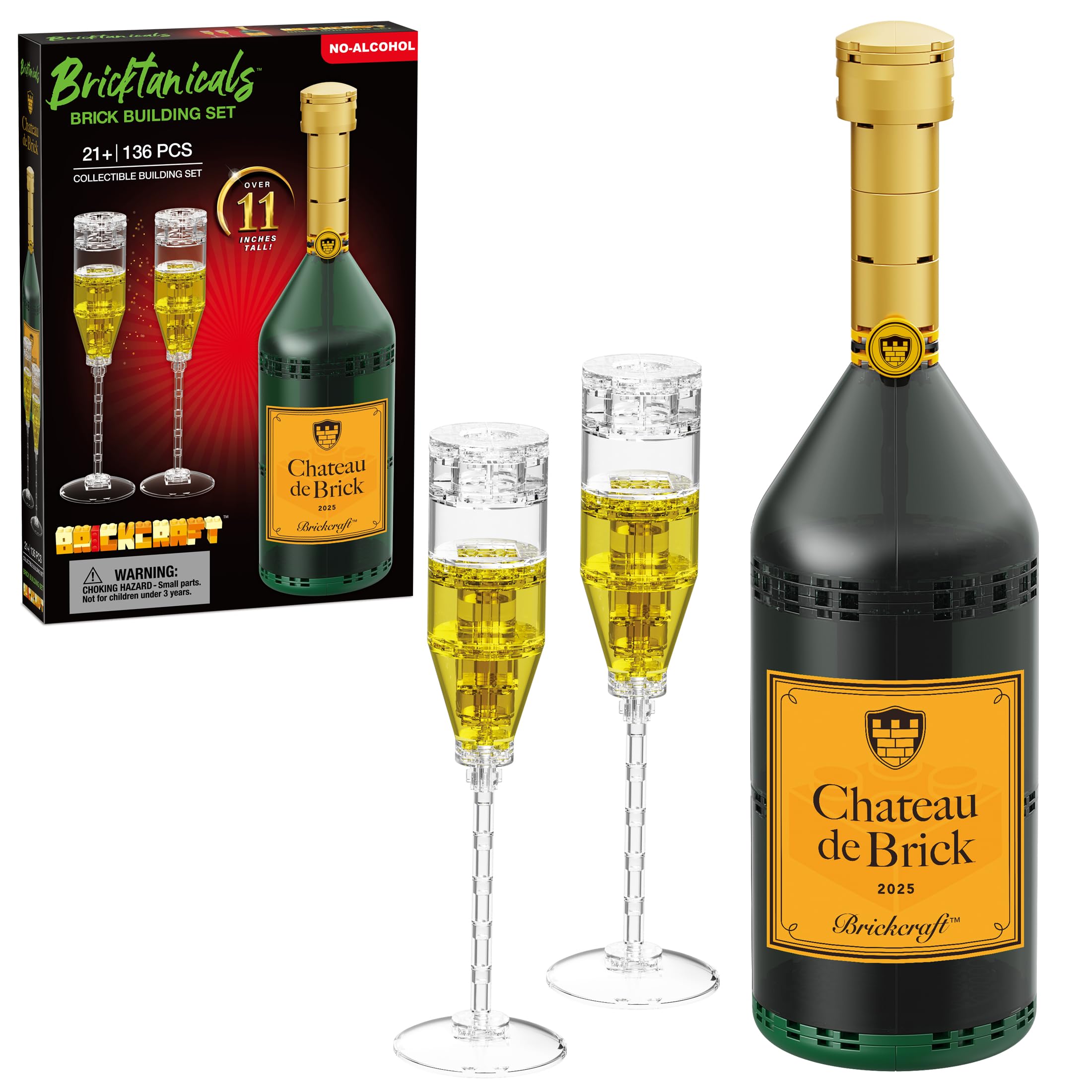 Brickcraft Champagne Bottle and Glasses Building Set,136 Piece Collectible Block Kit, 11 Inch Tall Display Bottle with Two Flutes Romantic Valentines