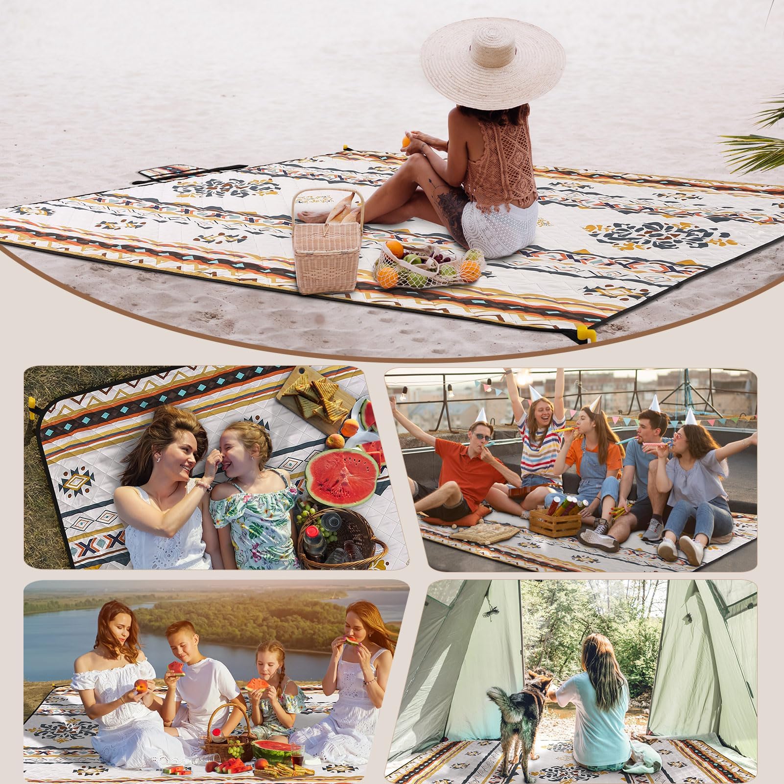 HAUSPROFI Picknickdecke Boho 200x200 cm, wasserdicht & isoliert - Outdoor Decke für Picknick, Strand, Camping, mit Baumwolle gepolstert, inkl. Tragegriff & Heringe, Tragbar, Waschbar & formstabil