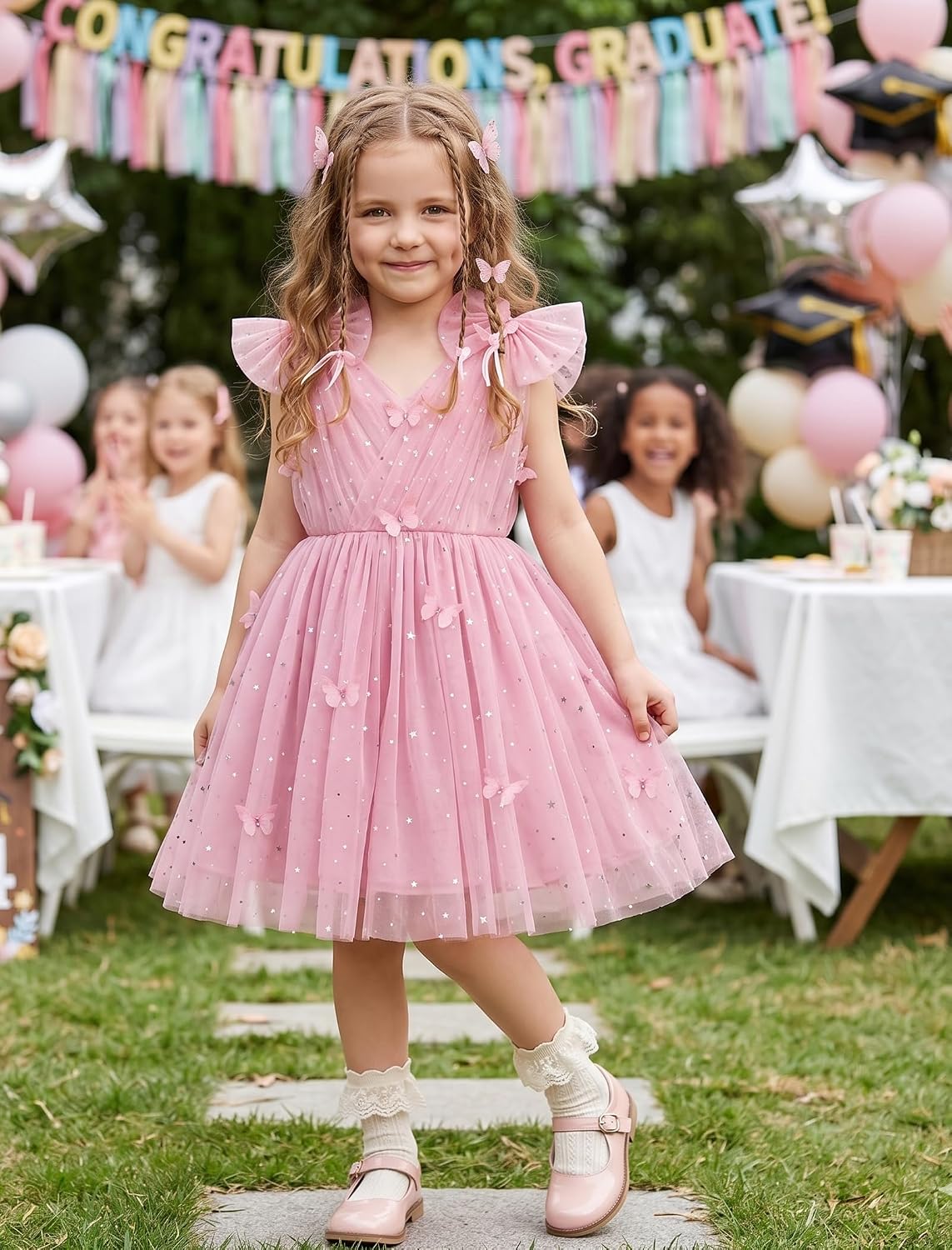 IMEKIS Toddler Kids Girls Butterfly Dress Sparkle Sequins Tulle Wedding Formal Birthday Dresses 2-10T