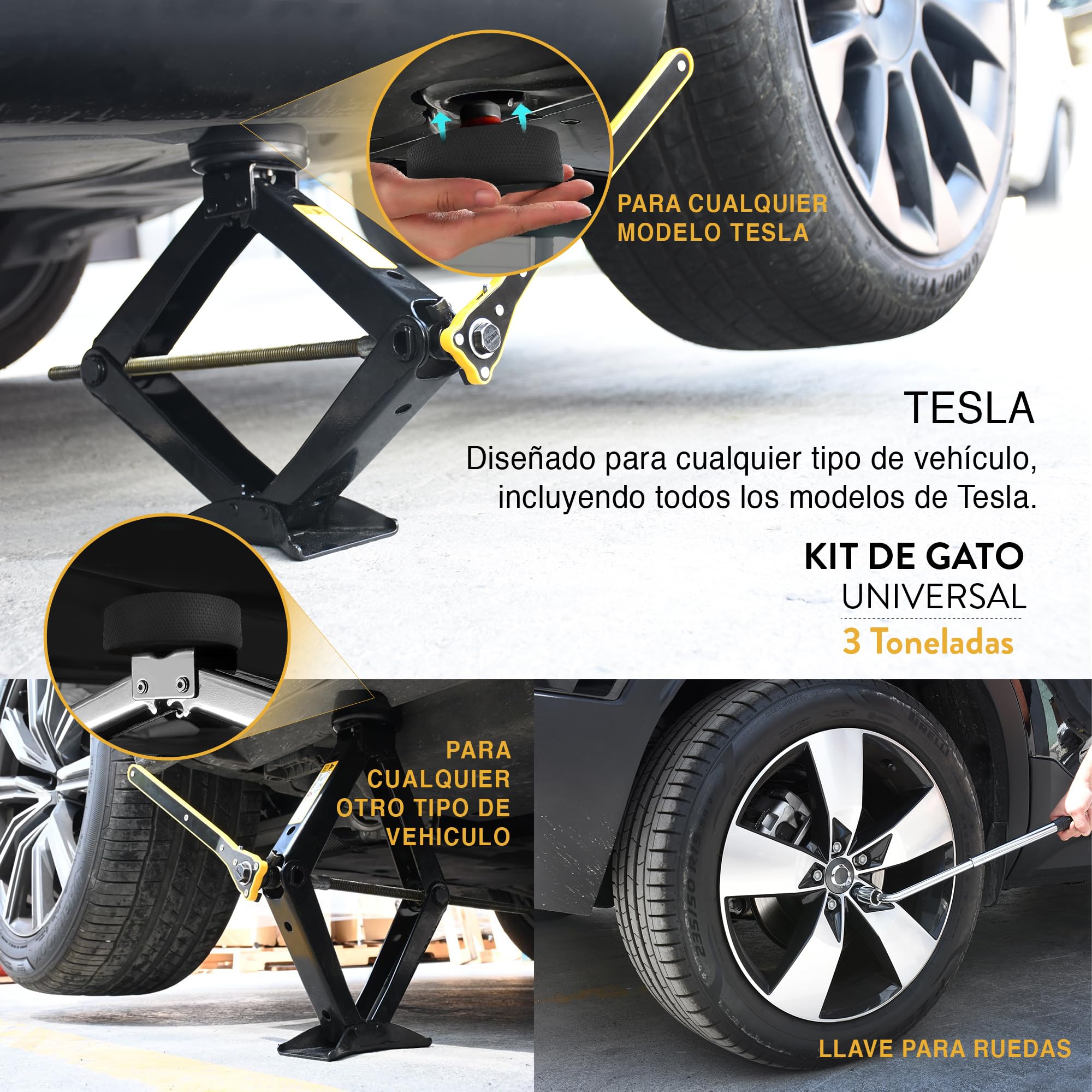 Kit de Gato para Coche con Pad Tesla y Pad de Goma Universal 3 Toneladas (3000 kgs) | Gato de Tijera para Coche - Kit de Herramientas para Cambio de Neumáticos | Portátil, Ideal para SUV y Coches