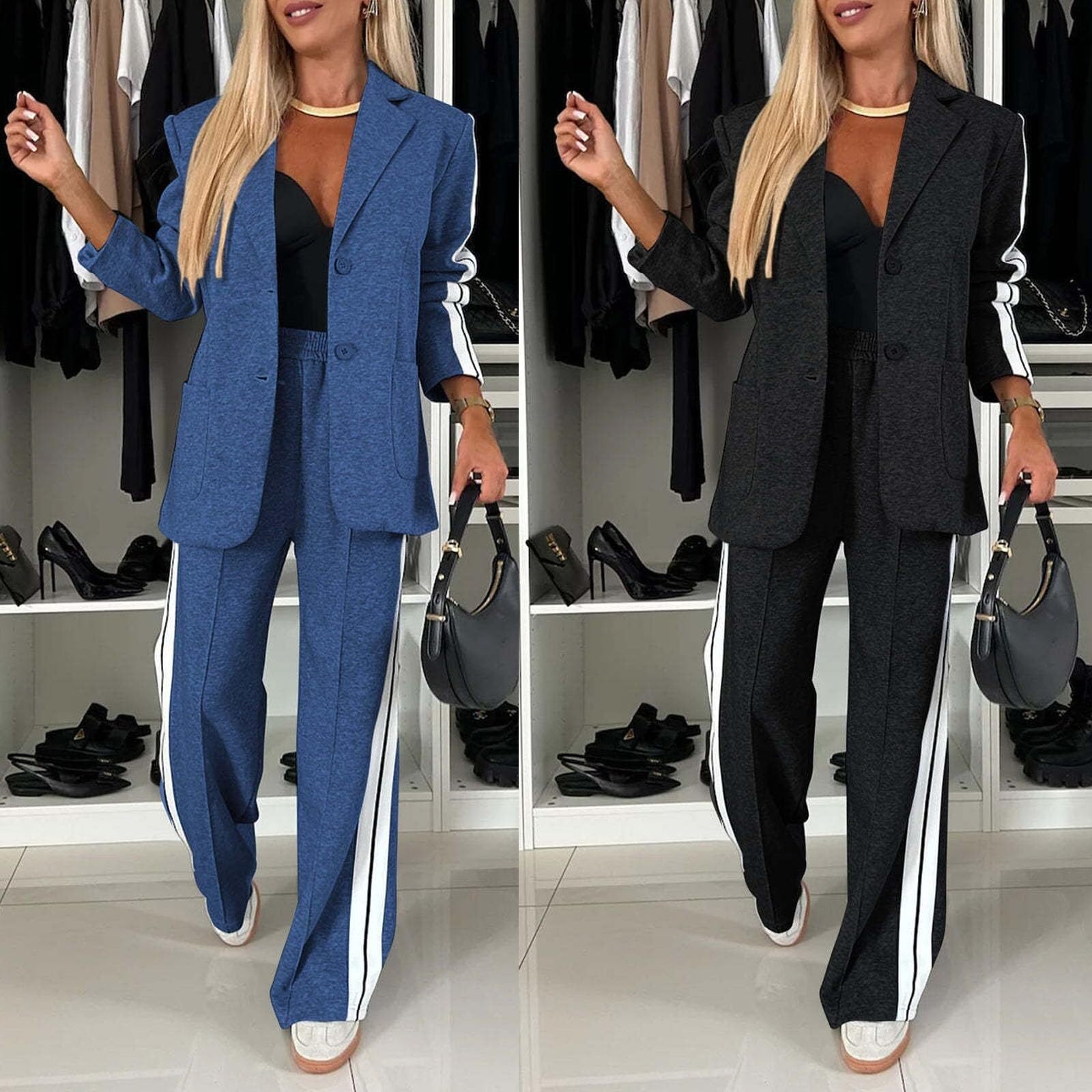 Traje casual de manga larga con solapa para mujer, conjunto de 2 piezas, trajes de negocios, trajes de descanso, blazer y pantalones, trajes elegantes con bolsillos, conjuntos de sudadera de dos