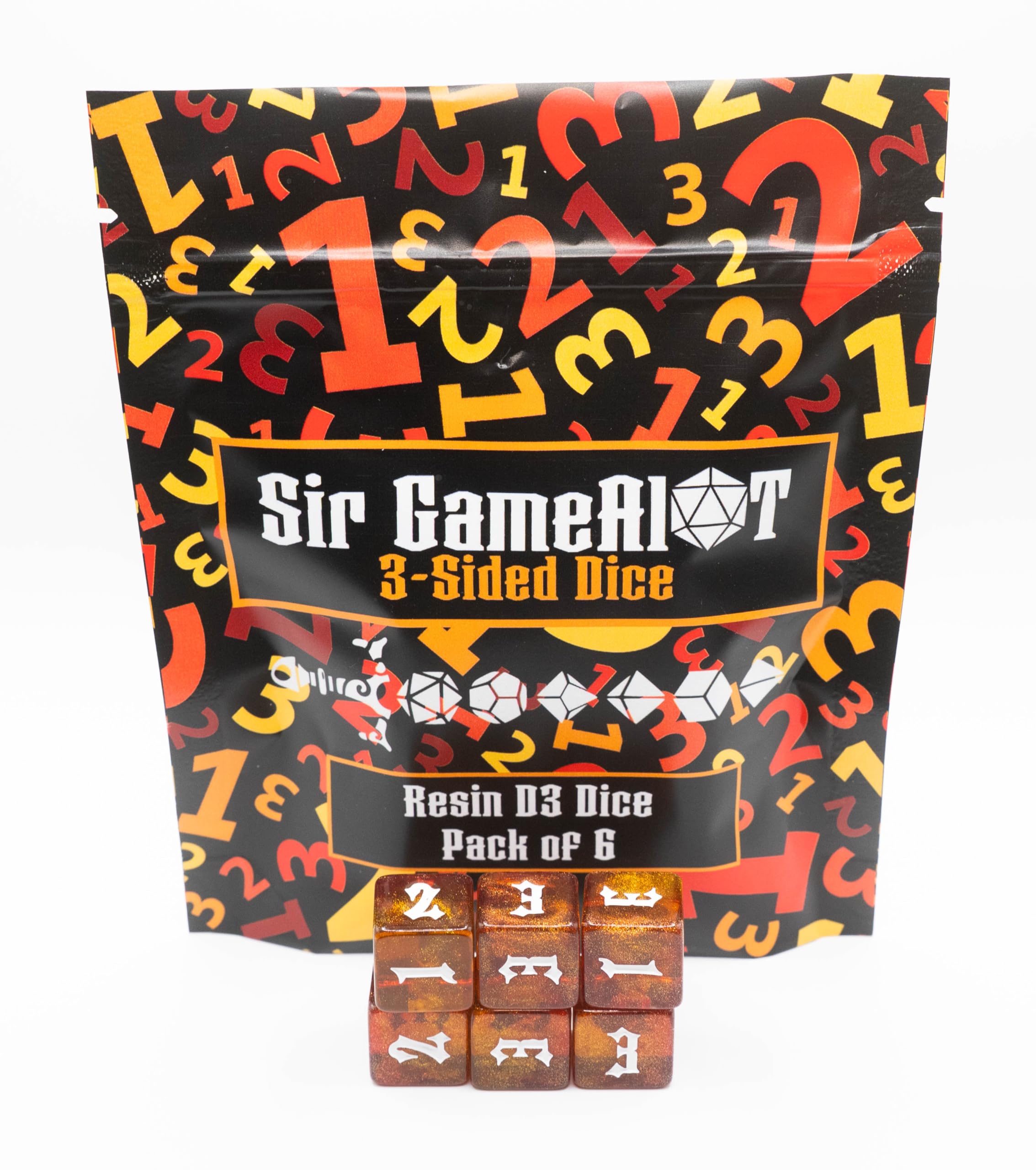 Custom Made Resin DND d3 (3-Sided Dice) - Set of 6 | Sir GameAlot Glitter 6-Sided dice Numbered 1 to 3 | Use for Dungeons and Dragons, Warhammer and Other Games that Need a Three Sided roll