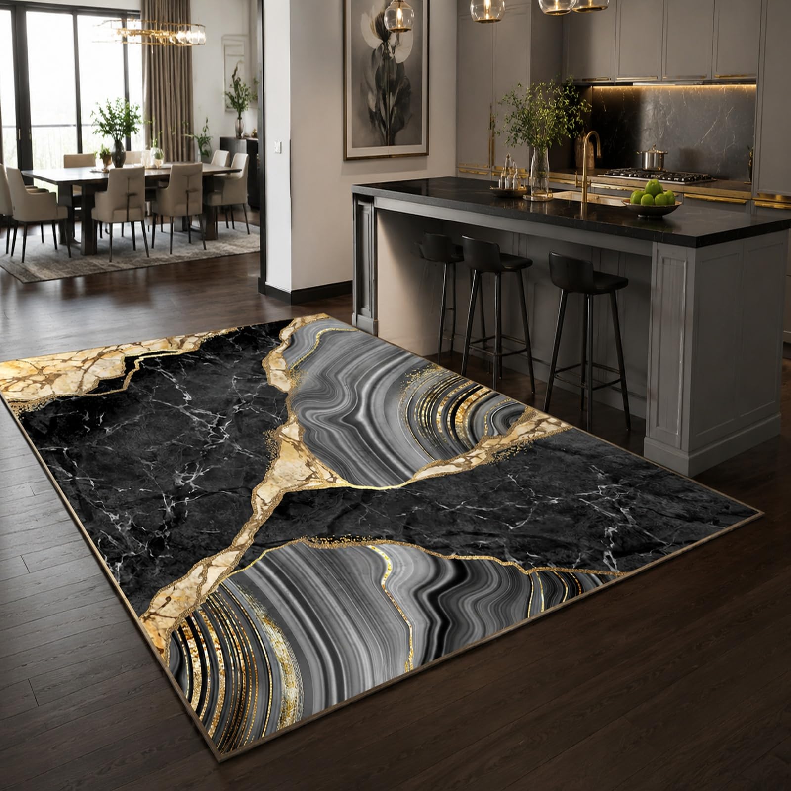 Tapis de salon abstrait moderne noir et jaune 200x300 cm