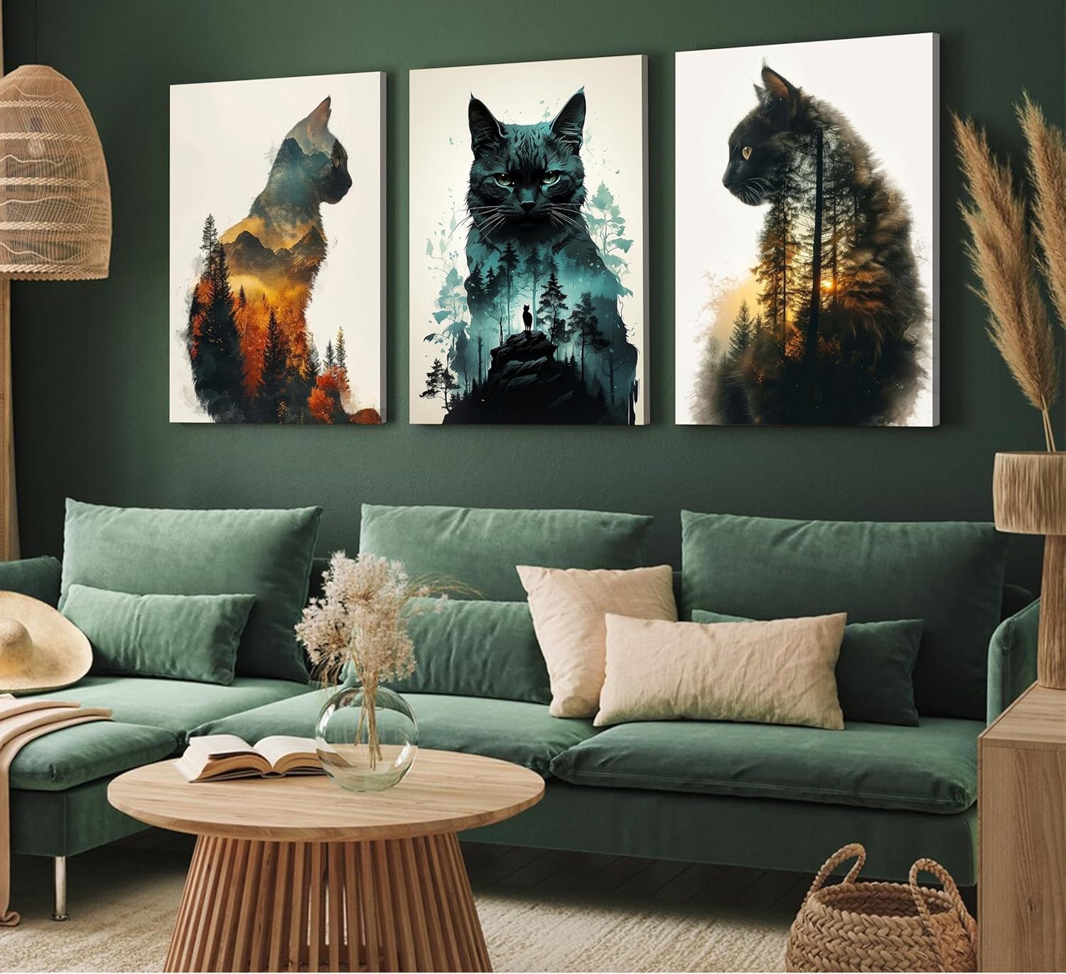 Funny Animals Canvas Wall Art Cute Black Cat and Forest Theme Pictures Wall Decor Abstract Sunset Mountains Nature Landscape Poster Painting Prints Artwork for Living Room Bedroom Bathroom Home Decor