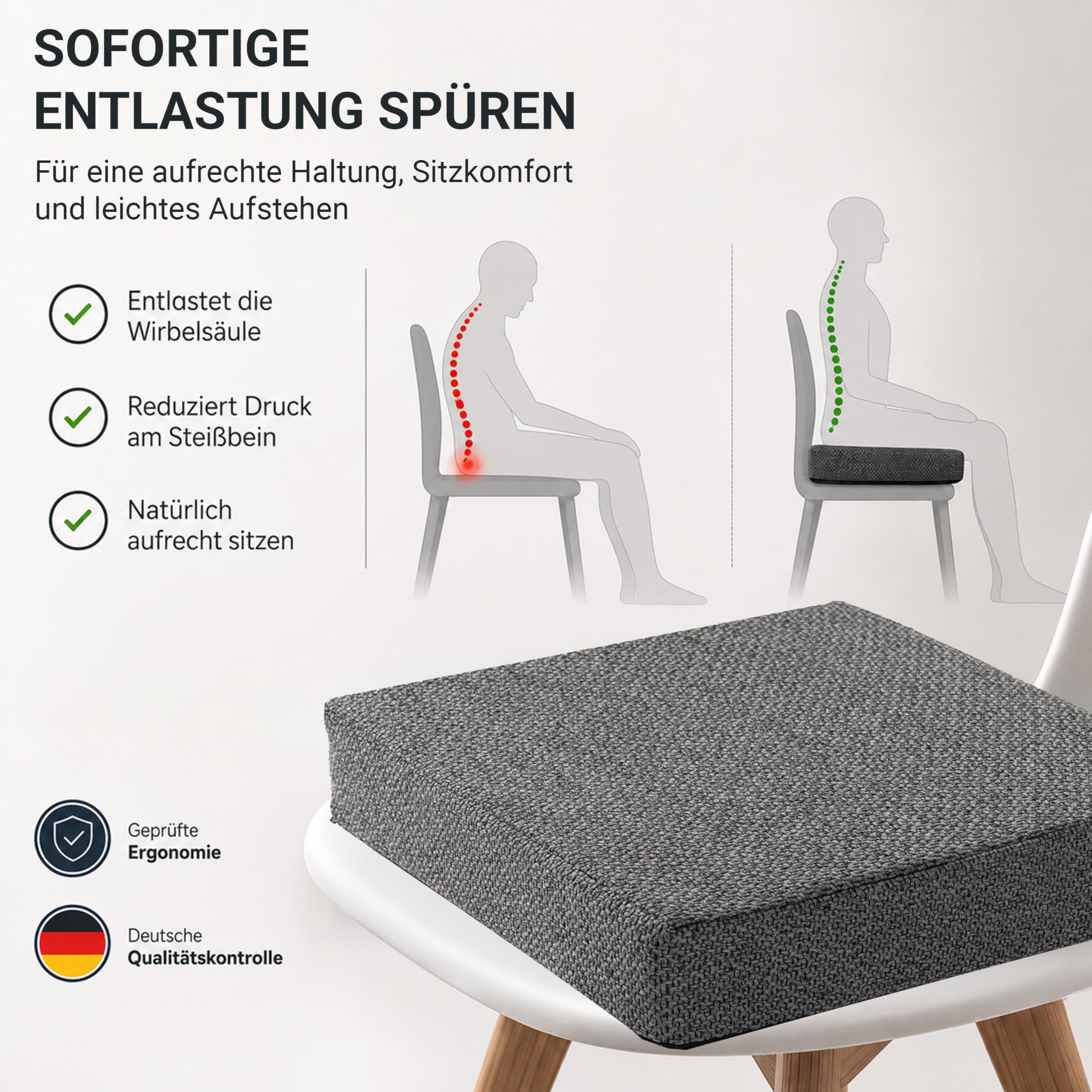 Sitzkissen Orthopädisch mit Memory Foam - Ergonomisches Sitzkissen Stuhl als Sitzerhöhung (10 cm Kissenhöhe) - Für Bürostuhl, Auto & Rollstuhl - Rutschfest & Waschbar - Stuhlkissen 40x40 Anthrazit