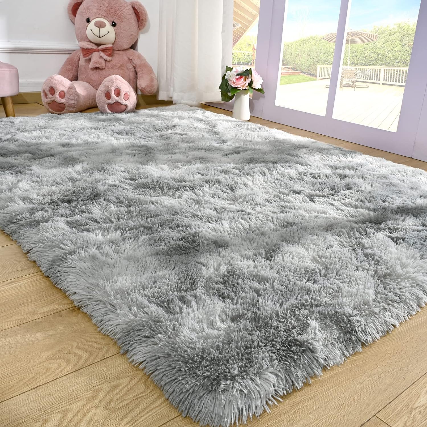 ST. BRIDGE Soft Fluffy Rainbow Rugs for Boys Bedroom 5x8, Shaggy Kids Playroom Rugs, Colorful Plush Rug for Living Room Nursery, Cute Fuzzy Carpet Home Decor Mat for Girls Toddlers Teens, Grey