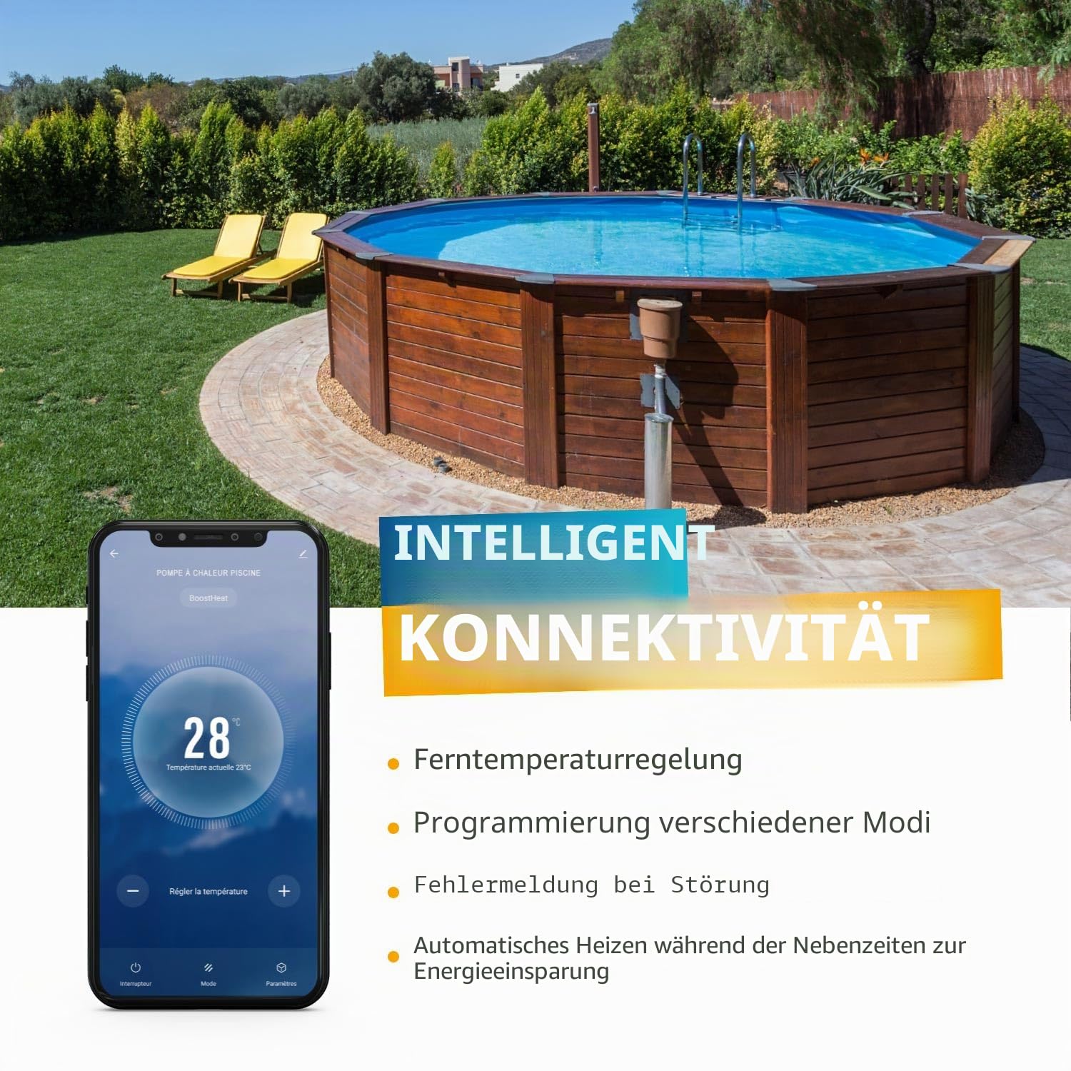 POOLEX – Nano 3 kW Wi-Fi-Wärmepumpe mit intelligenter automatischer Enteisung für kleine kompakte Pools: Aufstell-, teilversenkte, eingelassene oder Holzpools. Leise und reversibel.