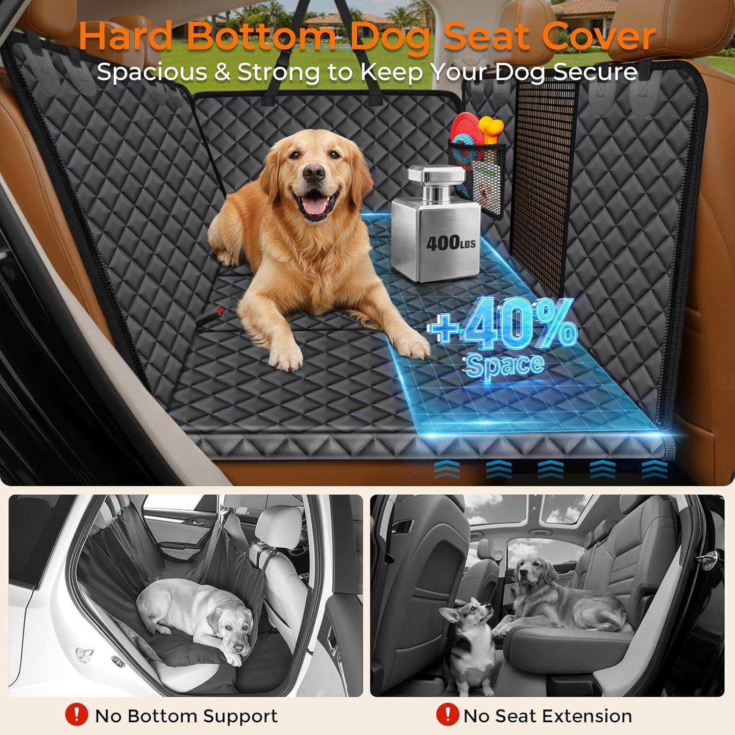 URPOWER Dogs Back Seat Extender with Non-Slip Blanket, 2 in 1 Hard Bottom Dog Car Seat Cover & Removable Dog Car Bed Mat, Waterproof Dogs Hammock for Car and SUV, Pet Rear Seat Protector Holds 400lbs