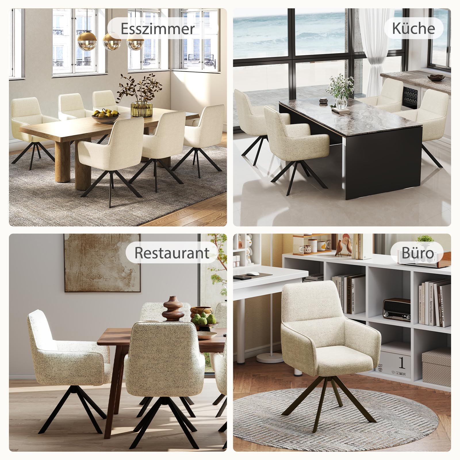 Esszimmerstühle Drehbar mit Armlehne 2er Set, 360°Drehbar Polsterstuhl Küchenstuhl aus Chenille, Stühle Esszimmer Schminkstuhl mit Metallbeine für Esszimmer Küche Schlafzimmer, Beige