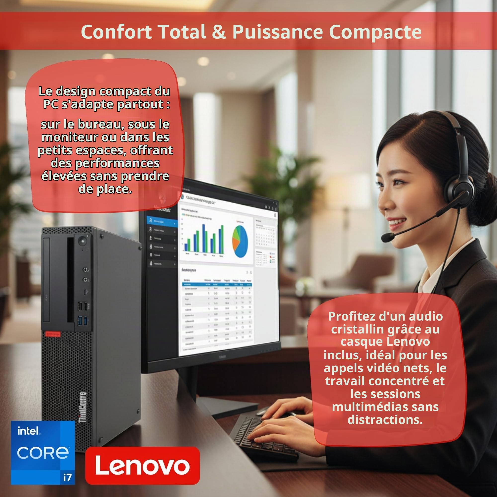 Lenovo Station de Bureau complète avec processeur Intel Core i7 jusqu'à 4,70 GHz, 16 Go de RAM, SSD de 2 to, écran Full HD 32 Pouces avec Audio intégré, Wi-FI, Windows 11 Essential et Casque stéréo.