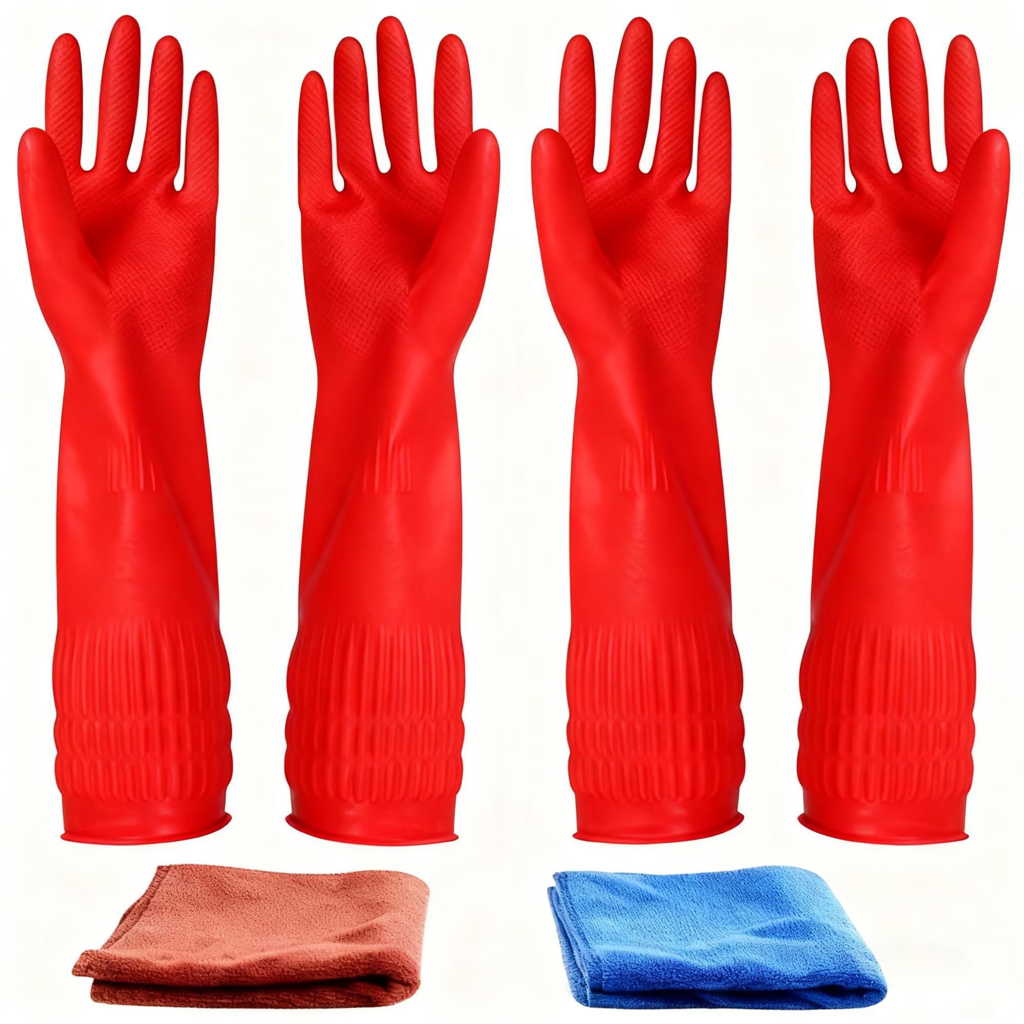 Rubber Cleaning Gloves Kitchen Dishwashing Glove 2-Pairs And Cleaning Cloth 2-Pack,Waterproof Reuseable.(Medium)