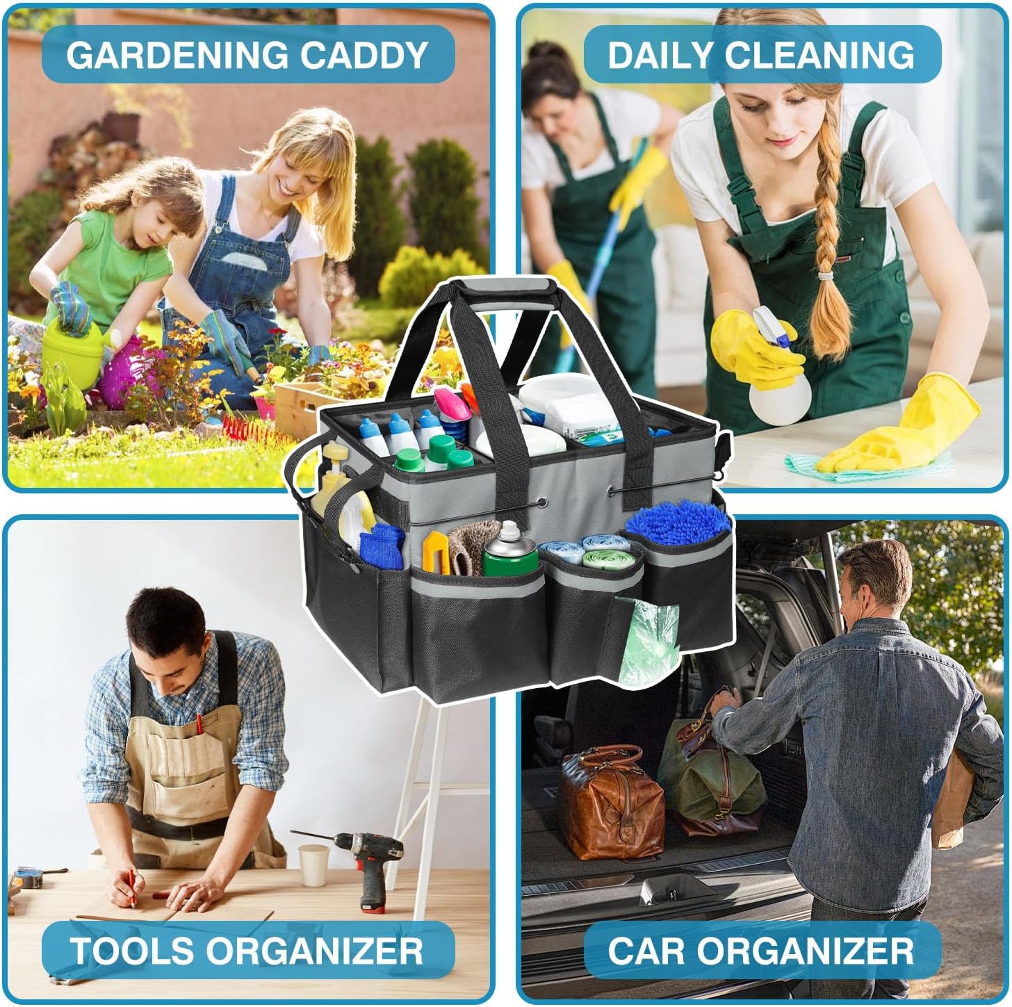Cleaning Tool Organizer Bag with Handles | 17.8x12.2x9.3in Large Waterproof Cleaning Caddy | Detachable Shoulder Strap & Dividers | for Car Detailing, Housekeeping, Cleaners(Grey)