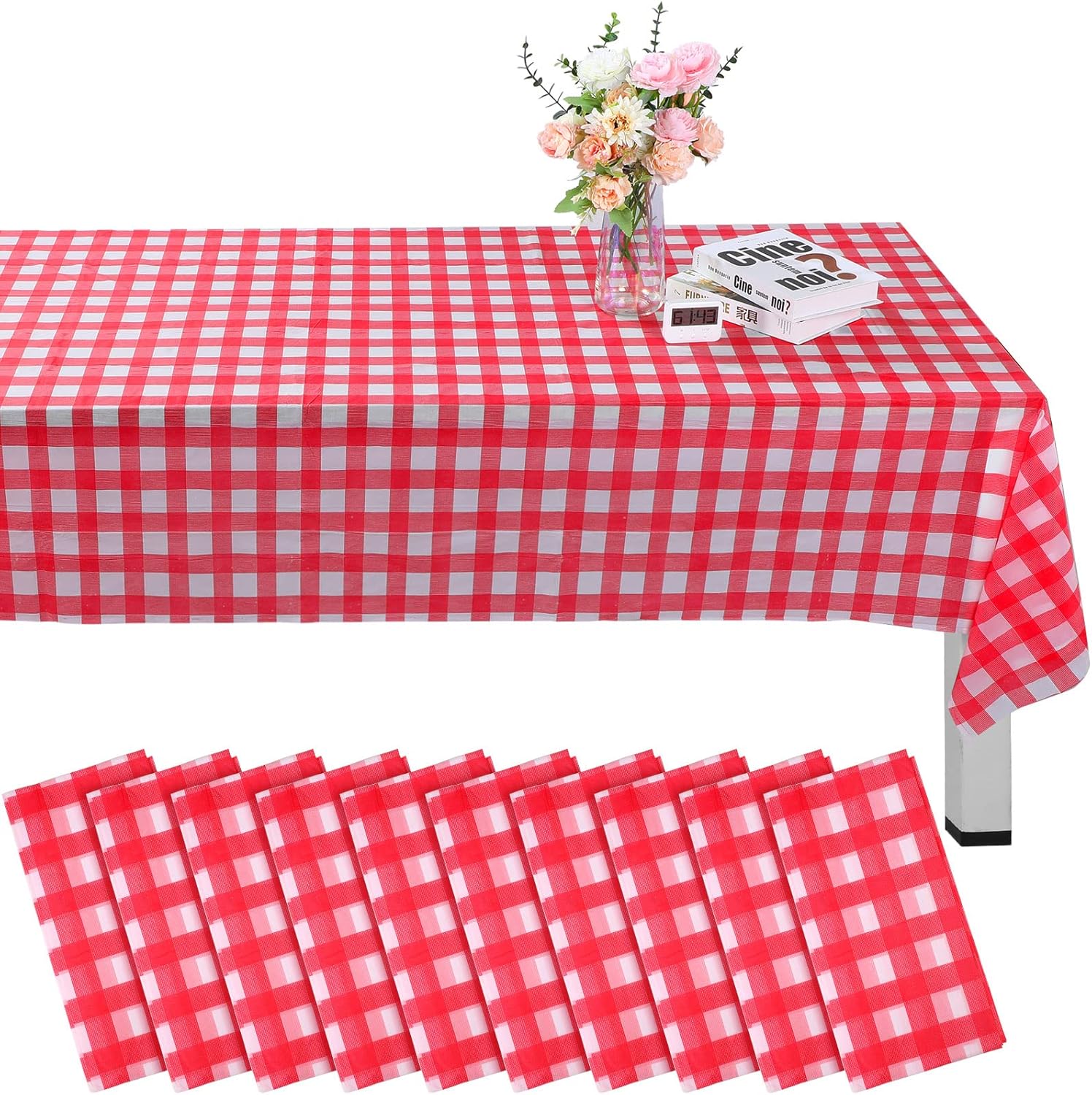 24 Pack Gingham Checkered Tablecloths 54 x 108 Inch Disposable Table Covers Rectangle Plastic Tablecloths Buffalo Plaid Picnic Table Covers for Christmas Party Decoration(Red and White Checkered)