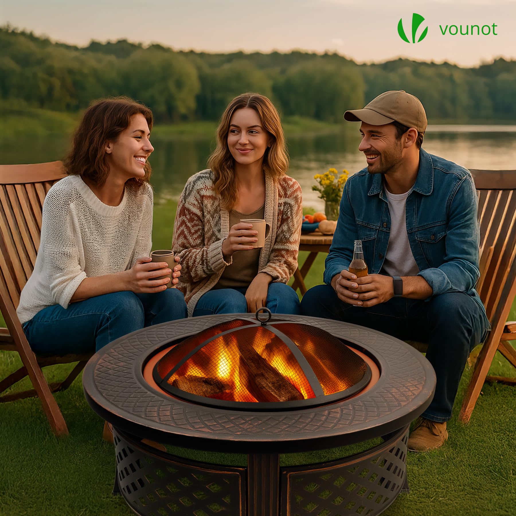 VOUNOT® Feuerschale Ø 81 cm mit Funkenschutz und Schürhaken Metall Feuerkorb Feuerstelle für den Garten, Terrasse, Heizung und Camping, Schwarz
