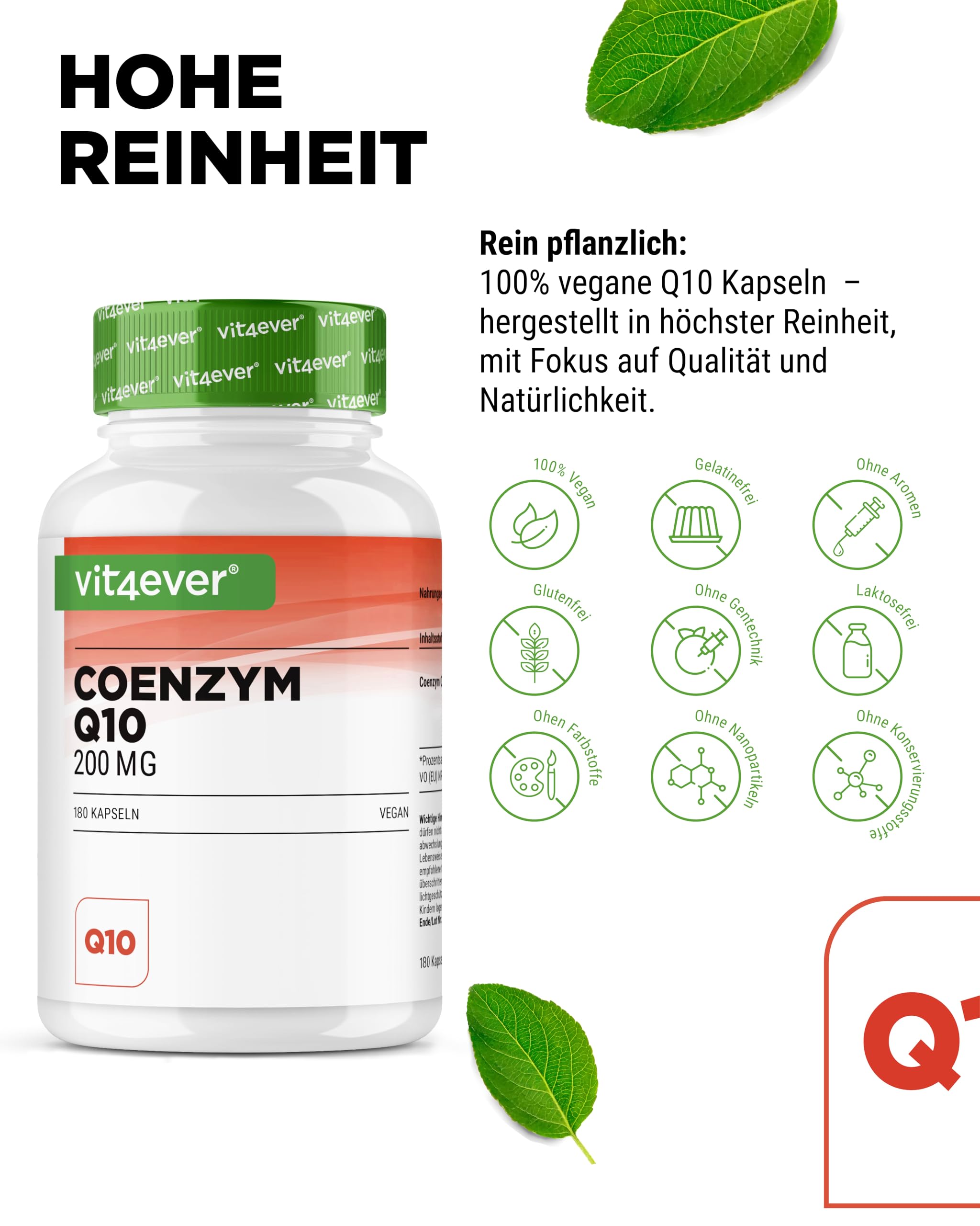 vit4ever Coenzym Q10 mit 200mg pro Kapsel - 180 vegane Kapseln - 6 Monate Reichweite - hochwertiges Q10 - hochdosiert, ohne unnötige Zusätze & laborgeprüft