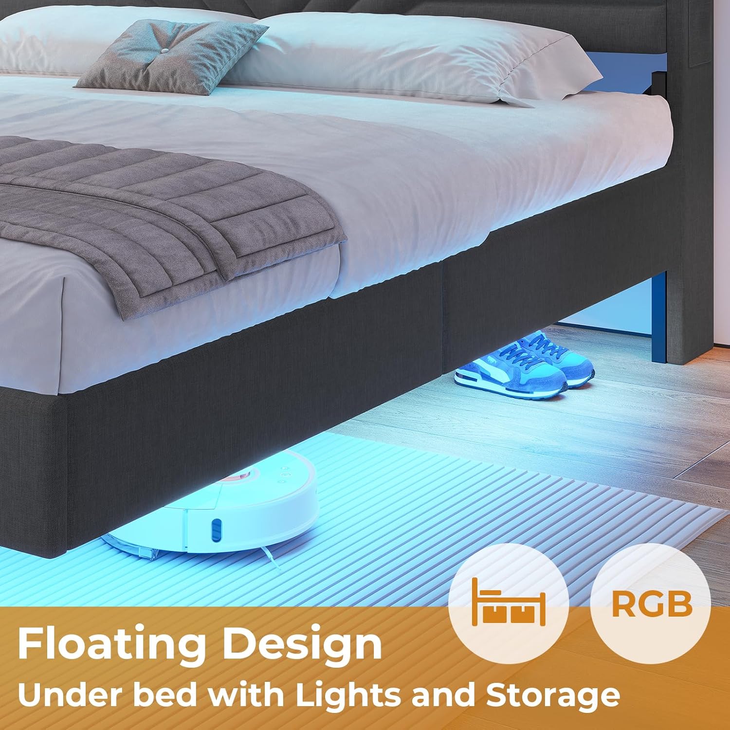 Queen Floating Bed Frame with Storage Headboard & LED Lights, Upholstered Platform Bed Frame Queen Size with Type-C & USB Charging Station, Hidden Storage, Easy Assembly, Dark Grey