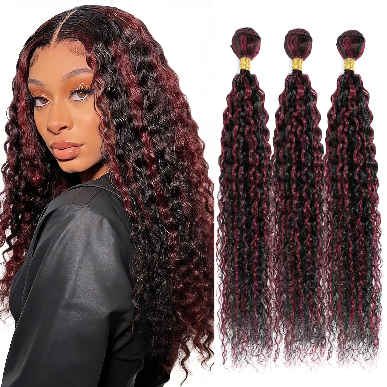 Ombre Curly Wave Bundles Human Hair 12 14 16 Inch P1B/99J Highlight Burgundy Human Hair 3 Bundles human Hair Extension Black Mixed Burgundy 150G