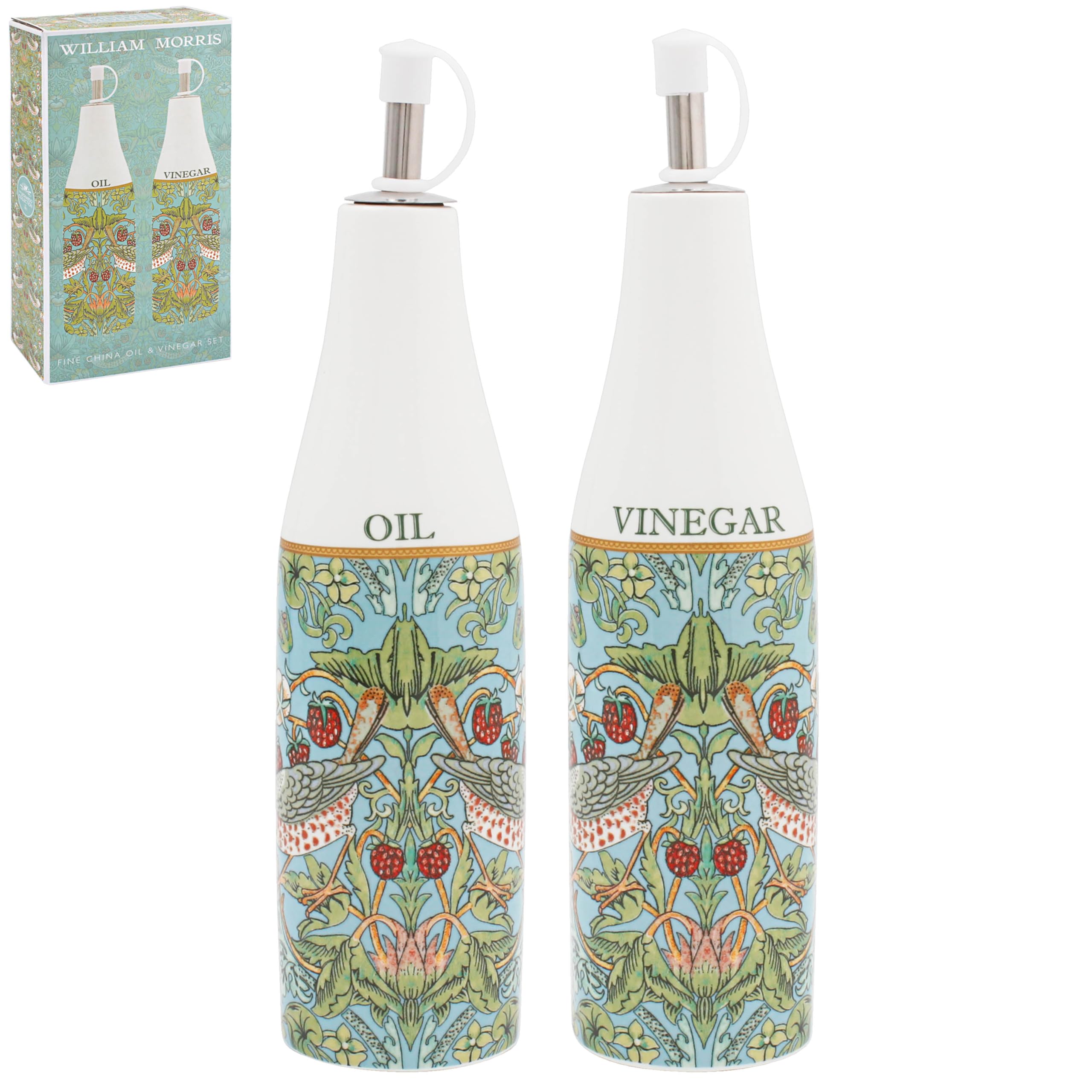 The Leonardo Collection Wm. Morris Strawberry Thief Teal Strawberry Thief Teal Oil&Ving Dispencer Stoneware 2 x 300ml For Home and Kitchen | Oil Bottle and Vinegar Dispenser Bottles Set for Cooking