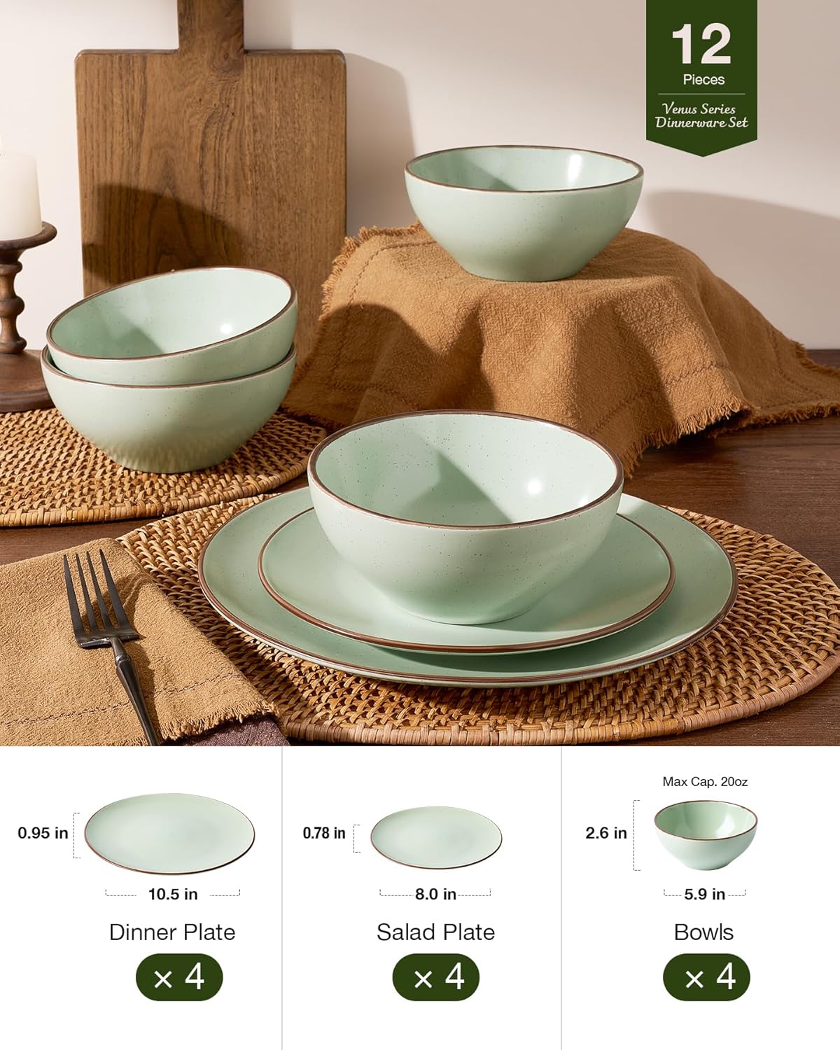 Famiware Venus Plates and Bowls Sets, 12 Pieces Stoneware Speckled Dinnerware Sets, Dishes Set for 4, Microwave and Dishwasher Safe, Matte Light Green - Image 4