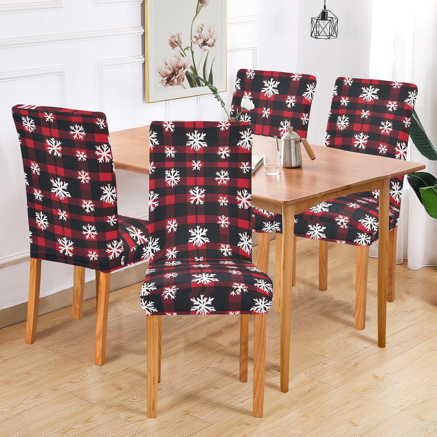 ALAZA Chair Covers for Dining Room, Red Black Plaid Snowflake Pattern Stretch Chair Cover Sets Chair Protector Removable Washable for Ktichen Restaurant Hotel