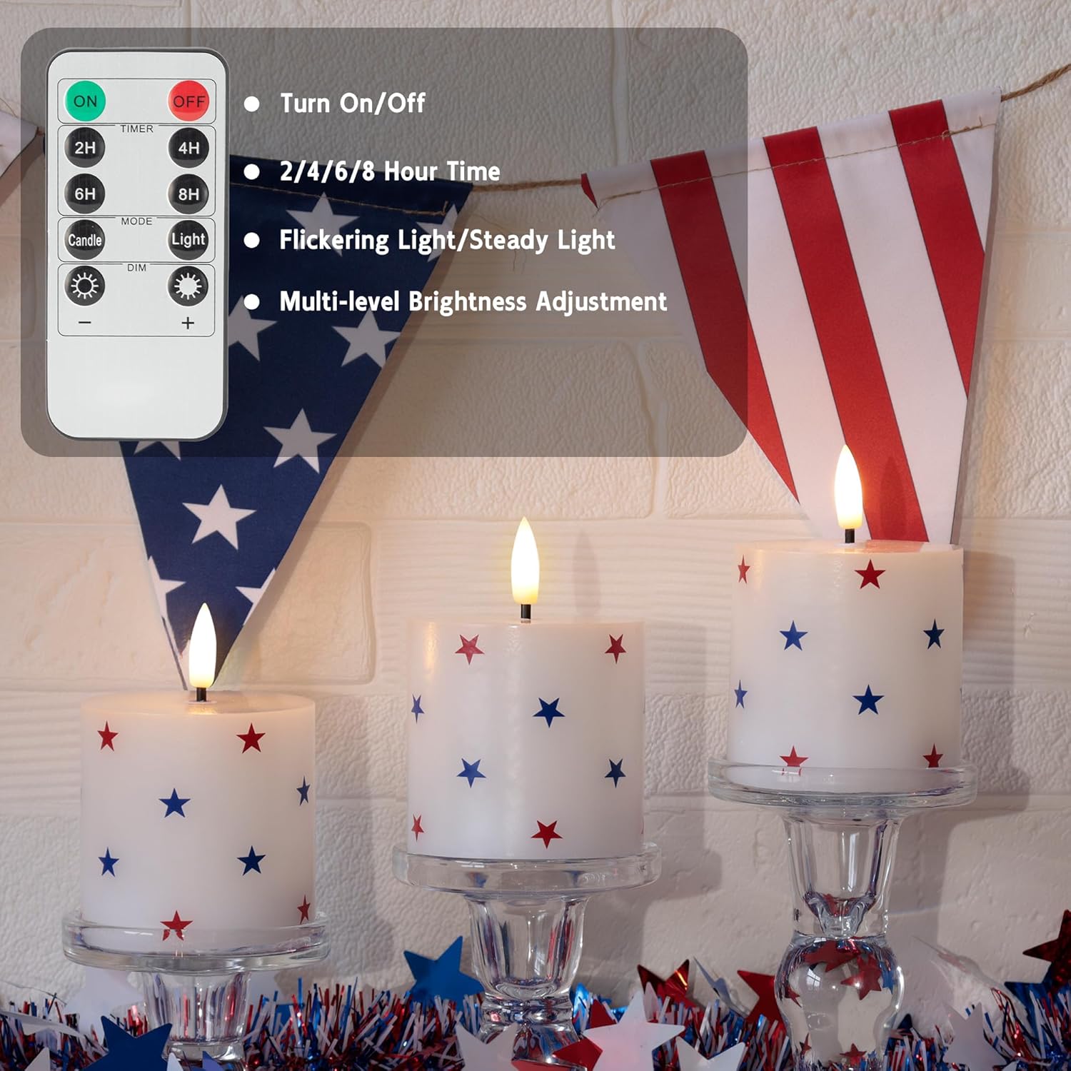 4th of July Flameless Pillar Candles with Red White and Blue Star Stickers, Battery Operated LED Pillar Candles with Remote and Timer, Real Wax Patriotic Candle Set of 3