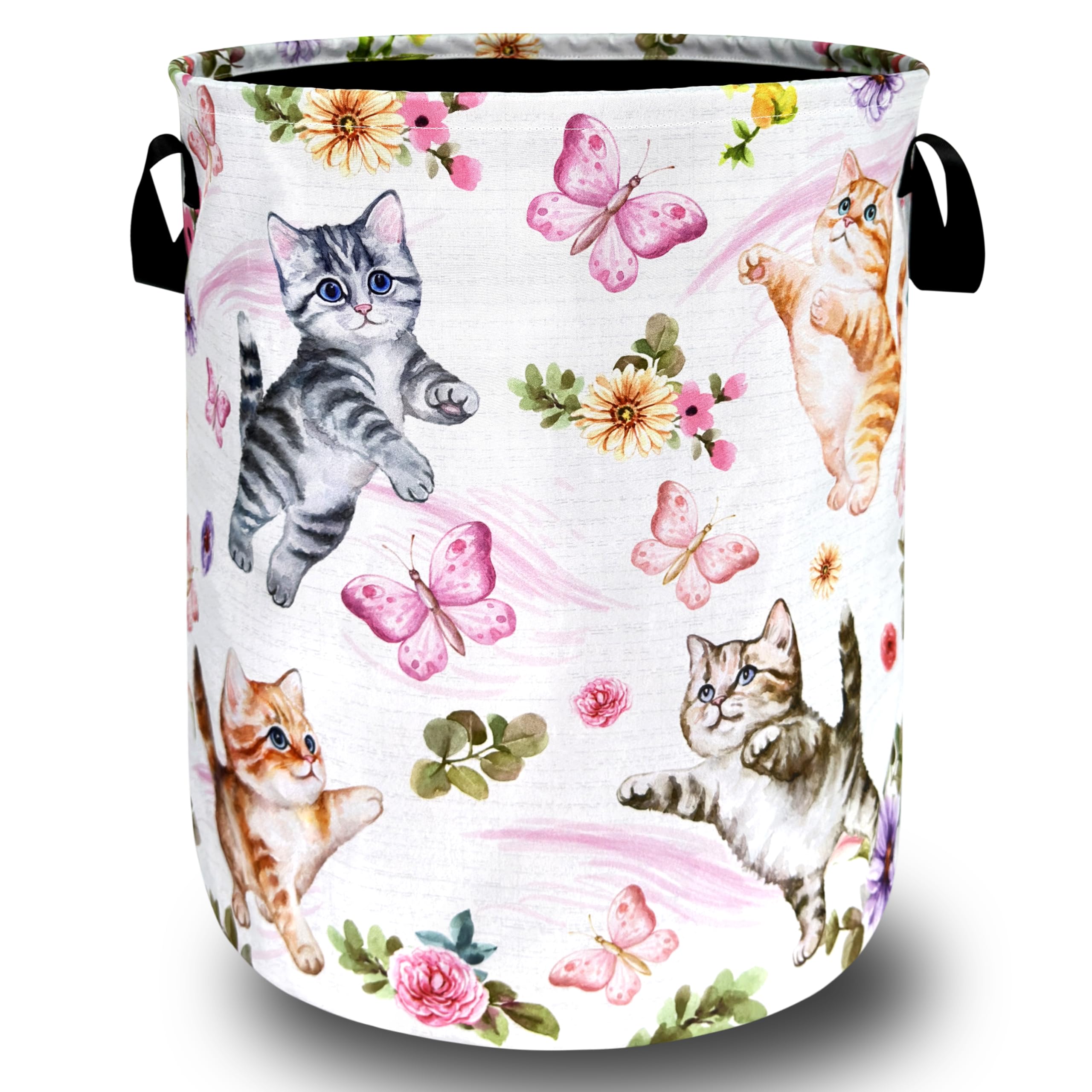 Cute Cats Butterfly Laundry Hamper Oxford Cloth Foldable Basket 18.9x16.5In