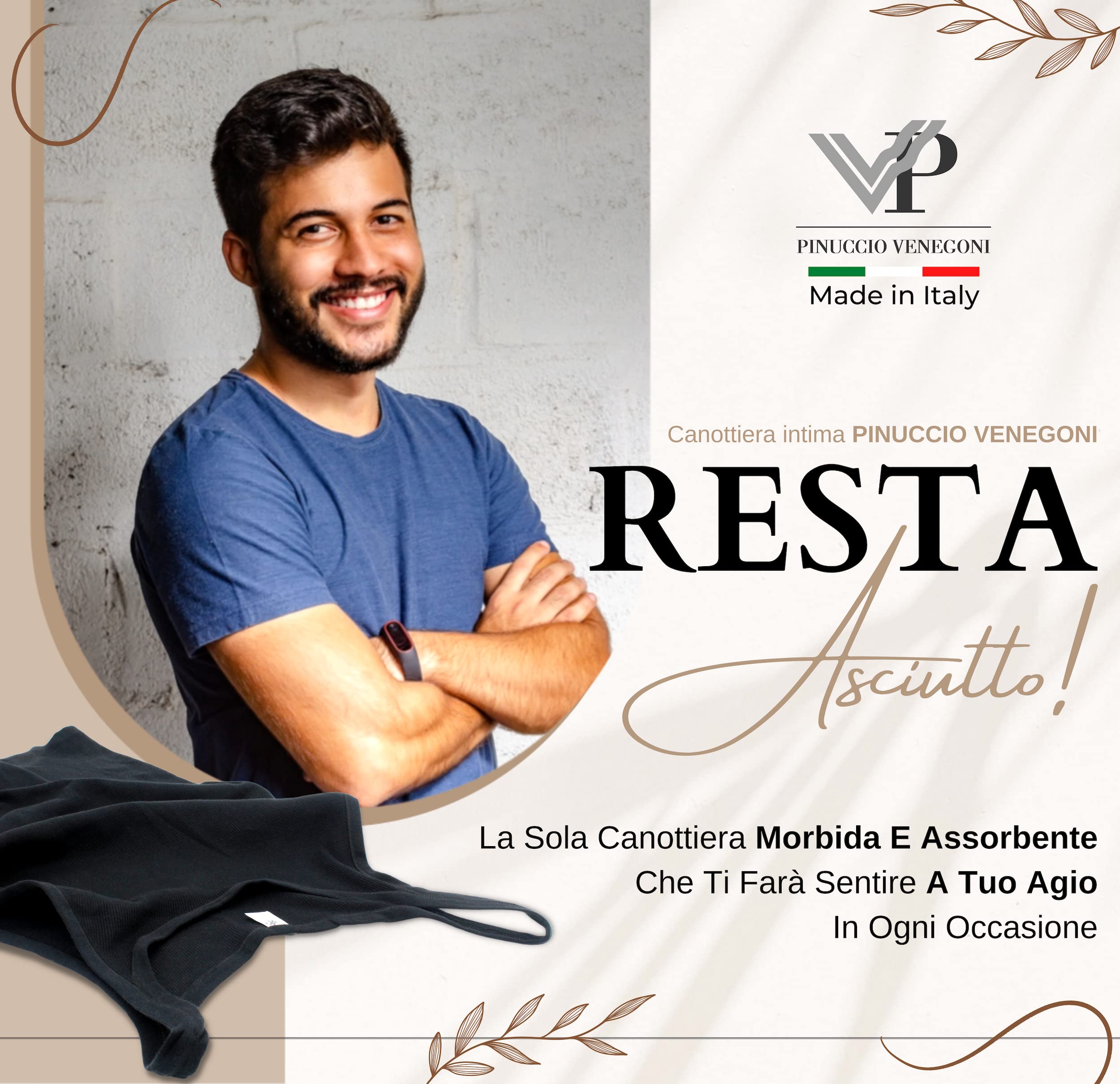 VP Pinuccio Venegoni Conjunto de 3 camisetas para hombre íntimo acanalado; fabricado en Italia, 100% algodón mercerizado; Camiseta de tirantes de hombro estrecho íntima blanca negra sin mangas;