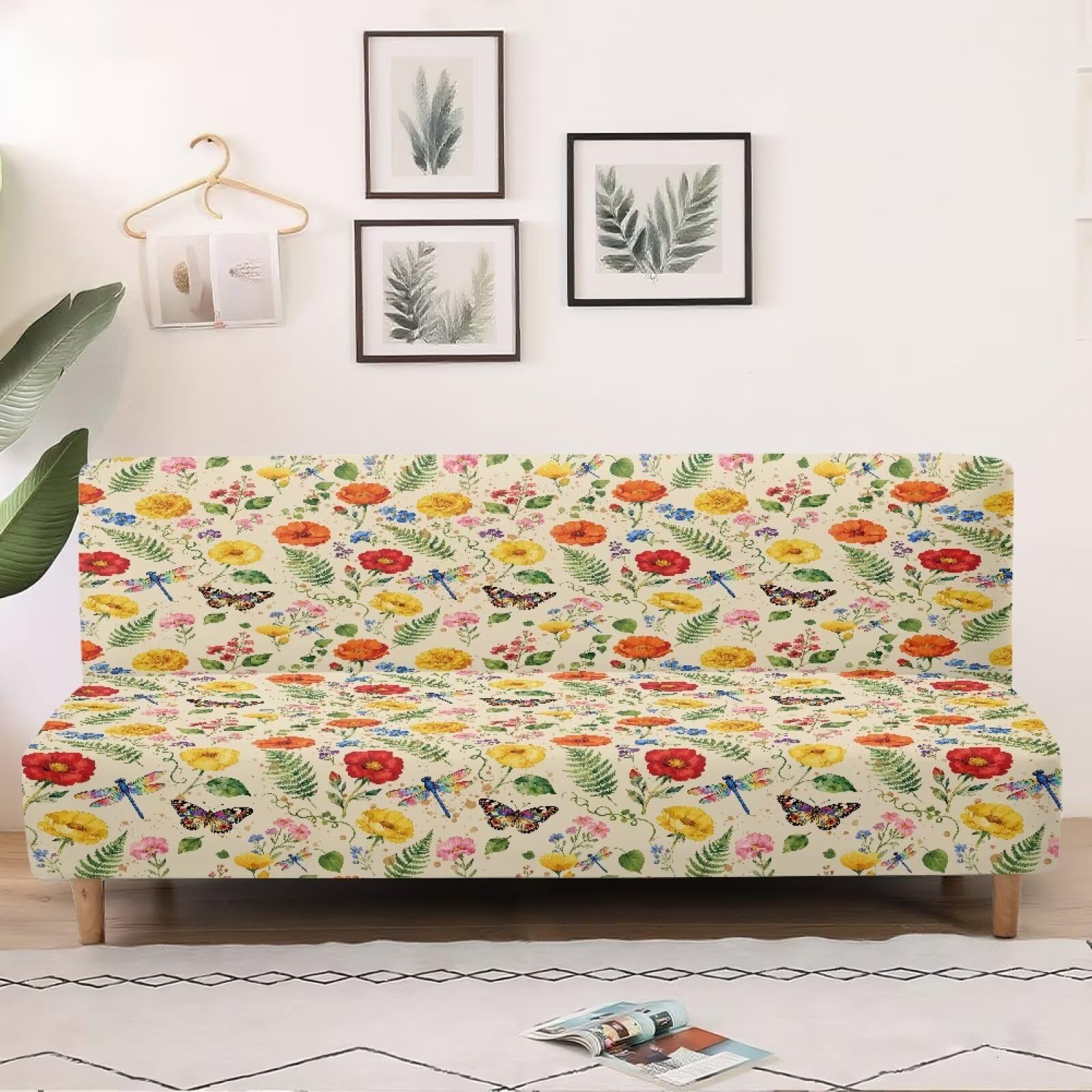 Xoenoiee Funda para futón, funda de sofá sin brazos, funda elástica para sofá, funda de sofá lavable, protector de muebles, mariposa y libélula floral
