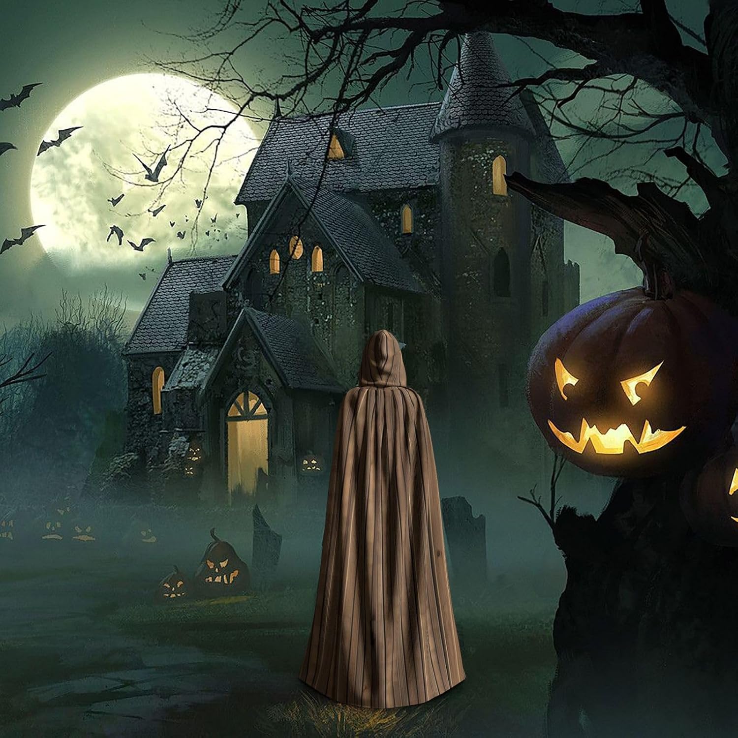 Solid Wood Pattern Men Women Halloween Role Play Party Decoration Hooded Poncho Black