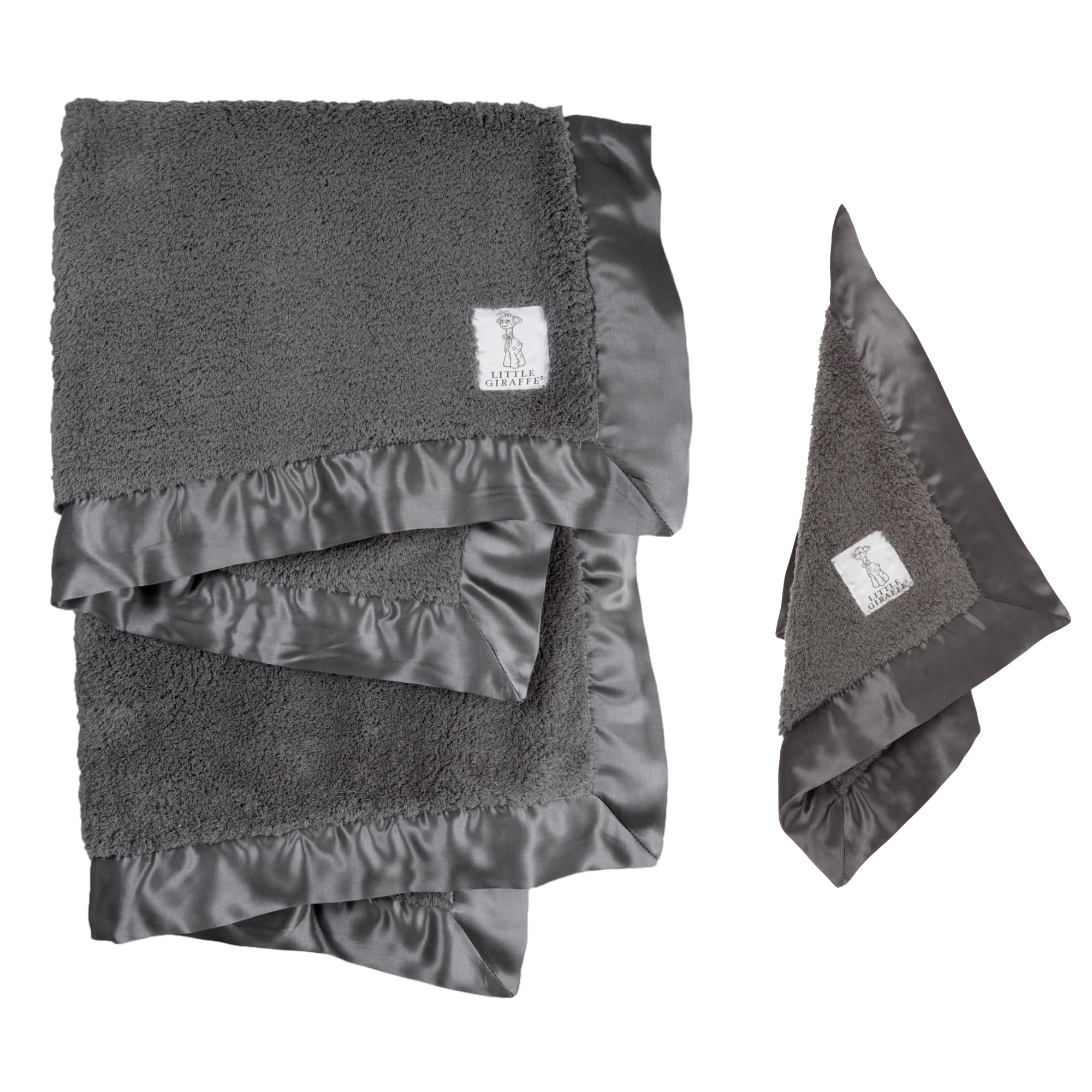 Little Giraffe Baby Blanket and Blanky Set - Chenille Blanket with Satin Trim Set for Nurseries, Strollers, Cribs or Car Seats - Baby Receiving Blankets 29 x 35 and 14 x 14, Charcoal
